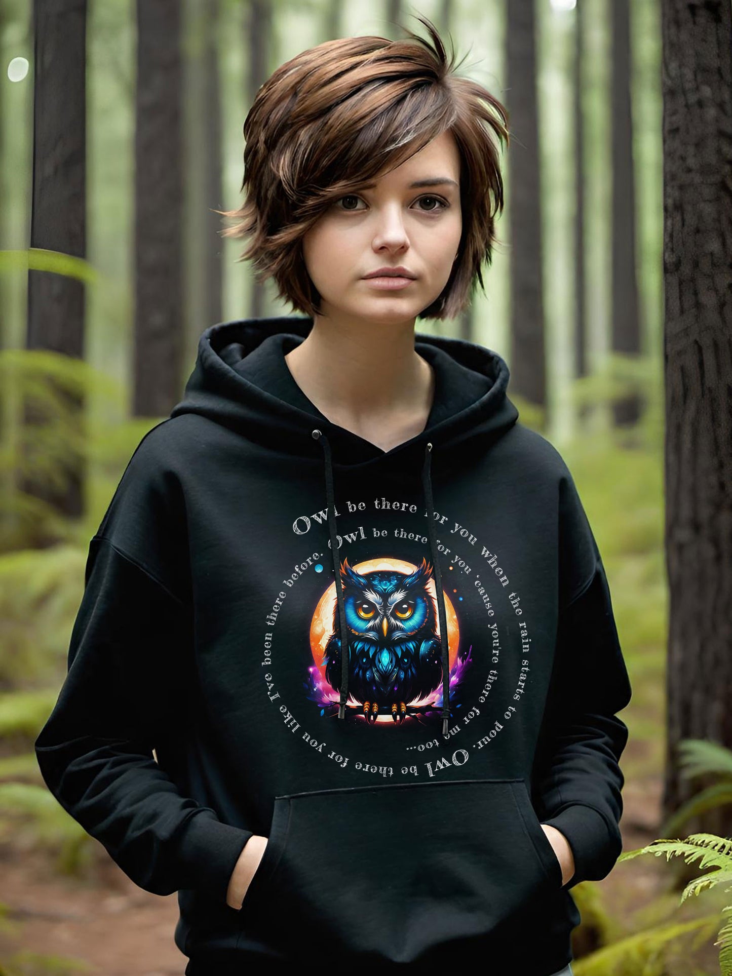 You are going to love this whimsical Owl Friends Unisex Hoodies.. This memorable Owl Hoodie features the Lyrics from the TV show "Friends". This picture depicts a Lady wearing a Hoodie featuring this wonderful design.