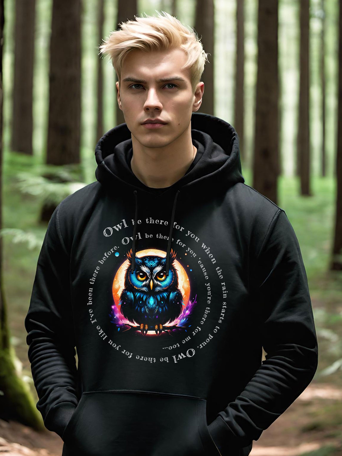 You are going to love this whimsical Owl Friends Unisex Hoodies.. This memorable Owl Hoodie features the Lyrics from the TV show "Friends". This picture depicts a Lguy wearing a Hoodie featuring this wonderful design