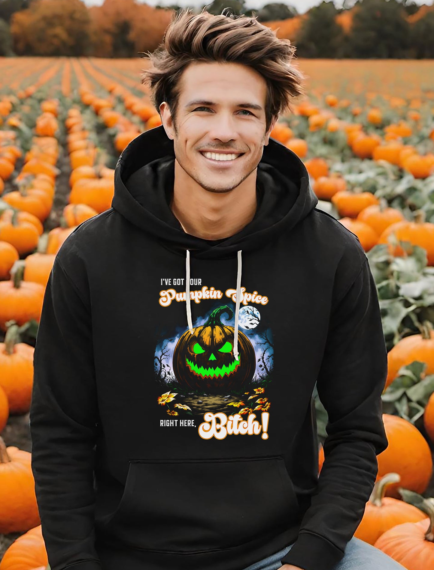 Halloween Three-Panel Fleece Hoodie, Spooky Jack-O'-Lantern & Pumpkin Spice, Festive Fall Apparel, Funny Unisex Sweatshirt, Cozy Seasonal