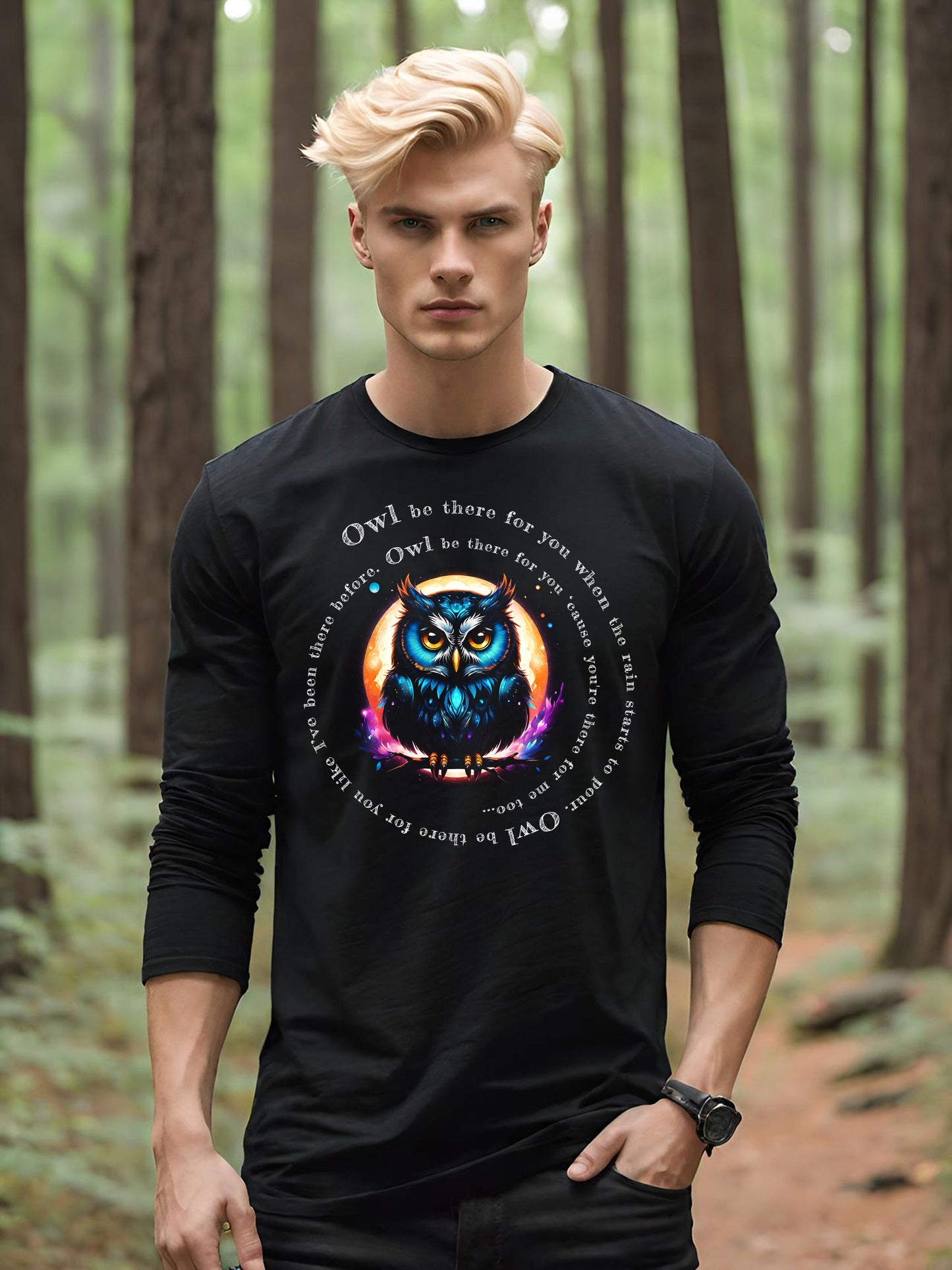 You are going to love this whimsical Owl Friends Men's Long Sleeve T-shirts. This memorable Owl T-shirt features the Lyrics from the TV show "Friends". This picture depicts a Guy wearing a Long Sleeve t-shirt featuring this wonderful design.