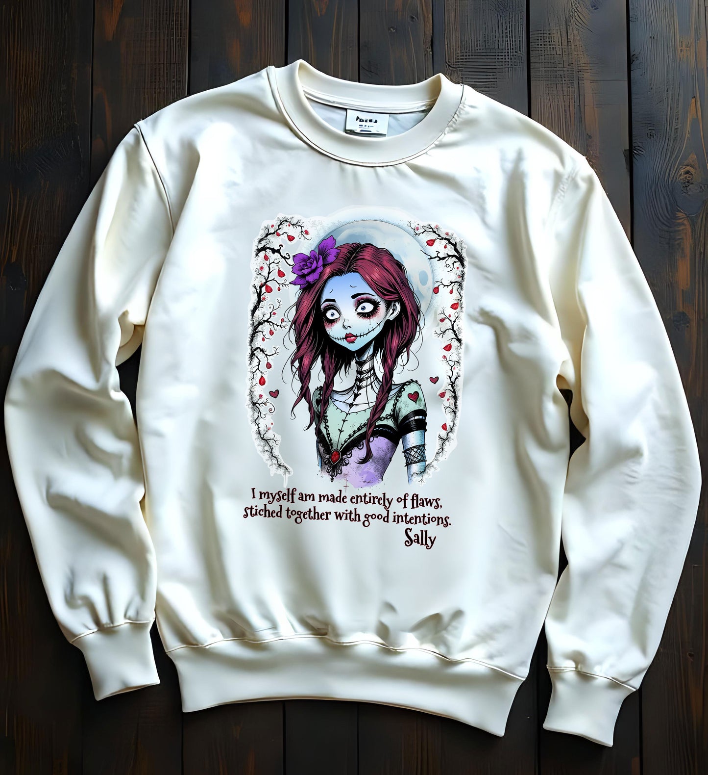 Sally Nightmare Before Christmas Sweatshirt - Unisex Crewneck Design, Jack and Sally Merch, Flawed Good Intentions, Stylized Quote, Soft
