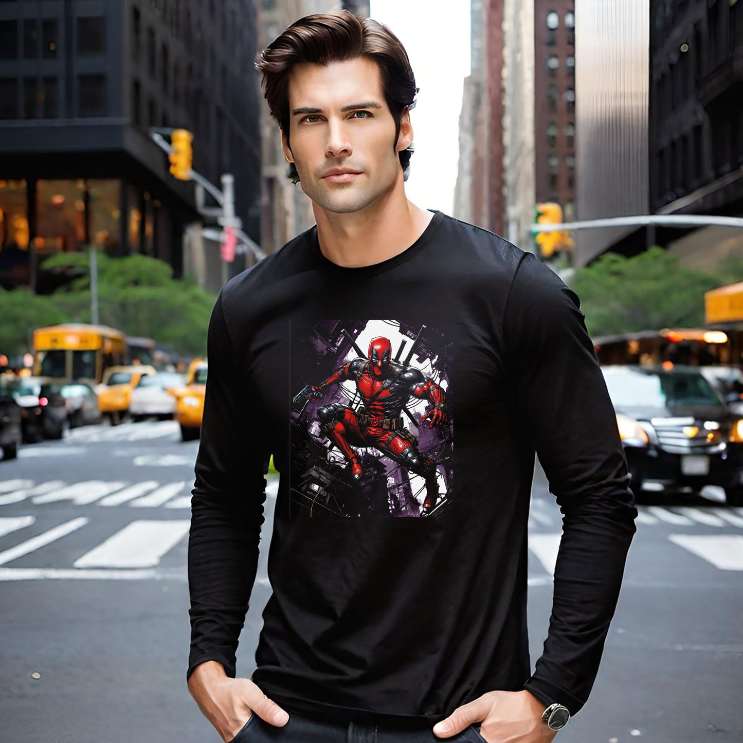 Deadpool Fan Art Long Sleeve Tee, Comic Collector Shirt, Marvel Fan Apparel, Comicon Gift, Vintage Style T-Shirt