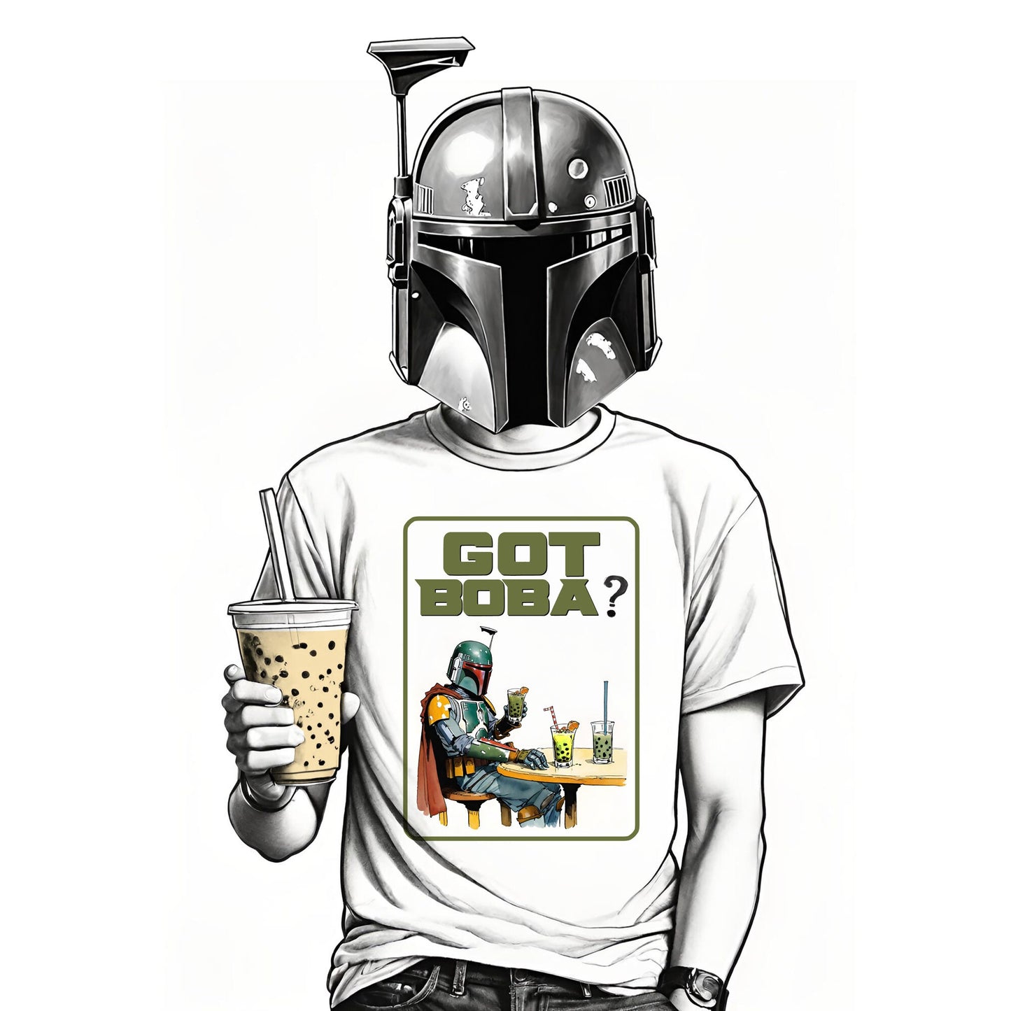 Got Boba? Get yours today. These hilarious Boba Fett t-shirts featuring the infamous Boba Fett drinking a Boba. This design is only available here at Mr. Hyde's Wicked Designs. If you love Boba Fett, Boba, or Star Wars your gonna love this shirt!