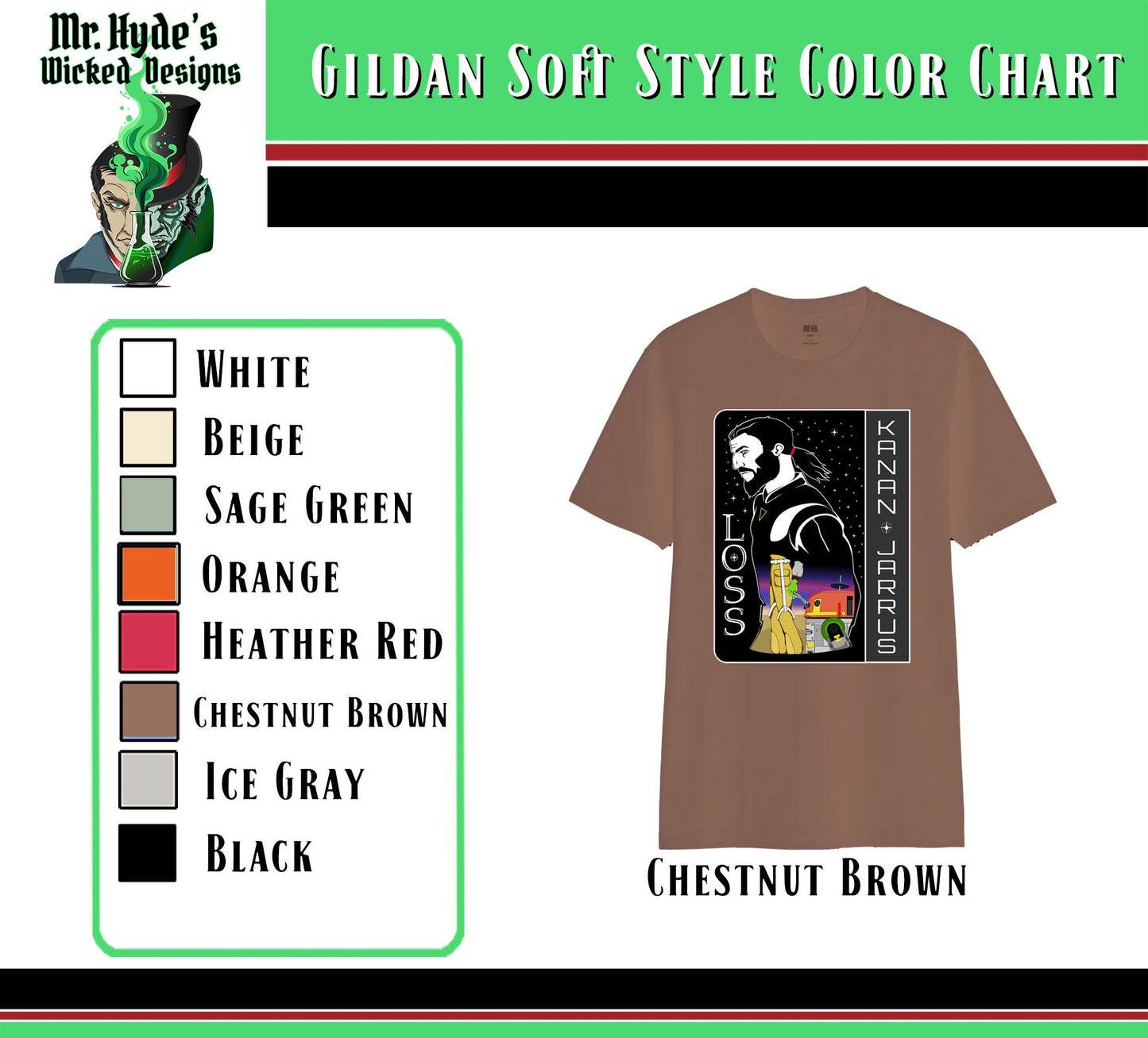 Star Wars T-shirt "Loss" in memorial of Kanan Jarrus. Printed on Soft Style Chestnut Brown cotton shirt.