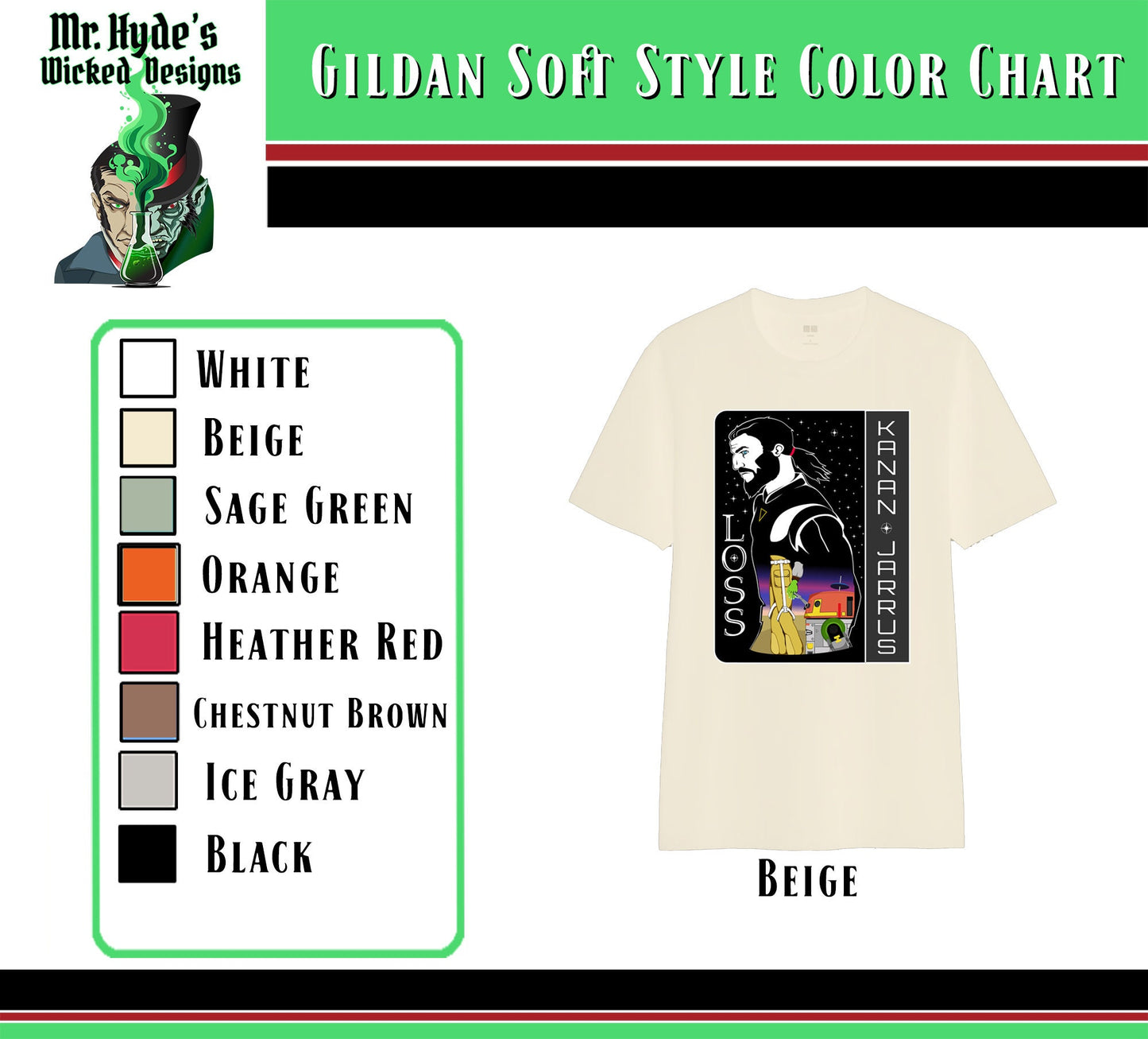 Star Wars T-shirt "Loss" in memorial of Kanan Jarrus. Printed on Soft Style Beige cotton shirt.