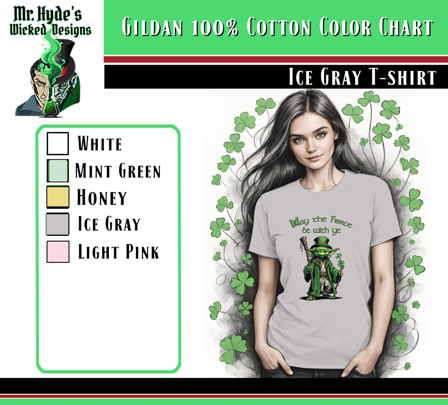Get this whimsical Star Wars holiday t-shirt for St. Patricks Day in Ice Gray on soft all cotton t-shirts. Buy this Star Wars womens t-shirt for your self or as a gift for the Star Wars princess in your life.