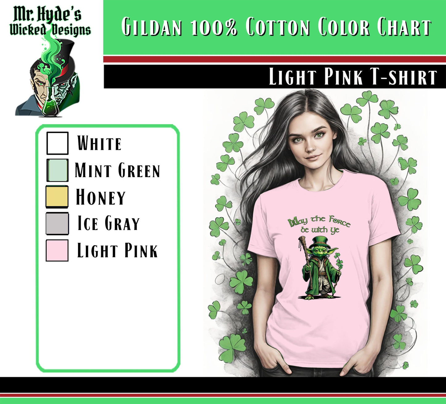Get this whimsical Star Wars holiday t-shirt for St. Patricks Day in Light Pink on soft all cotton t-shirts. Buy this Star Wars womens t-shirt for your self or as a gift for the Star Wars princess in your life.