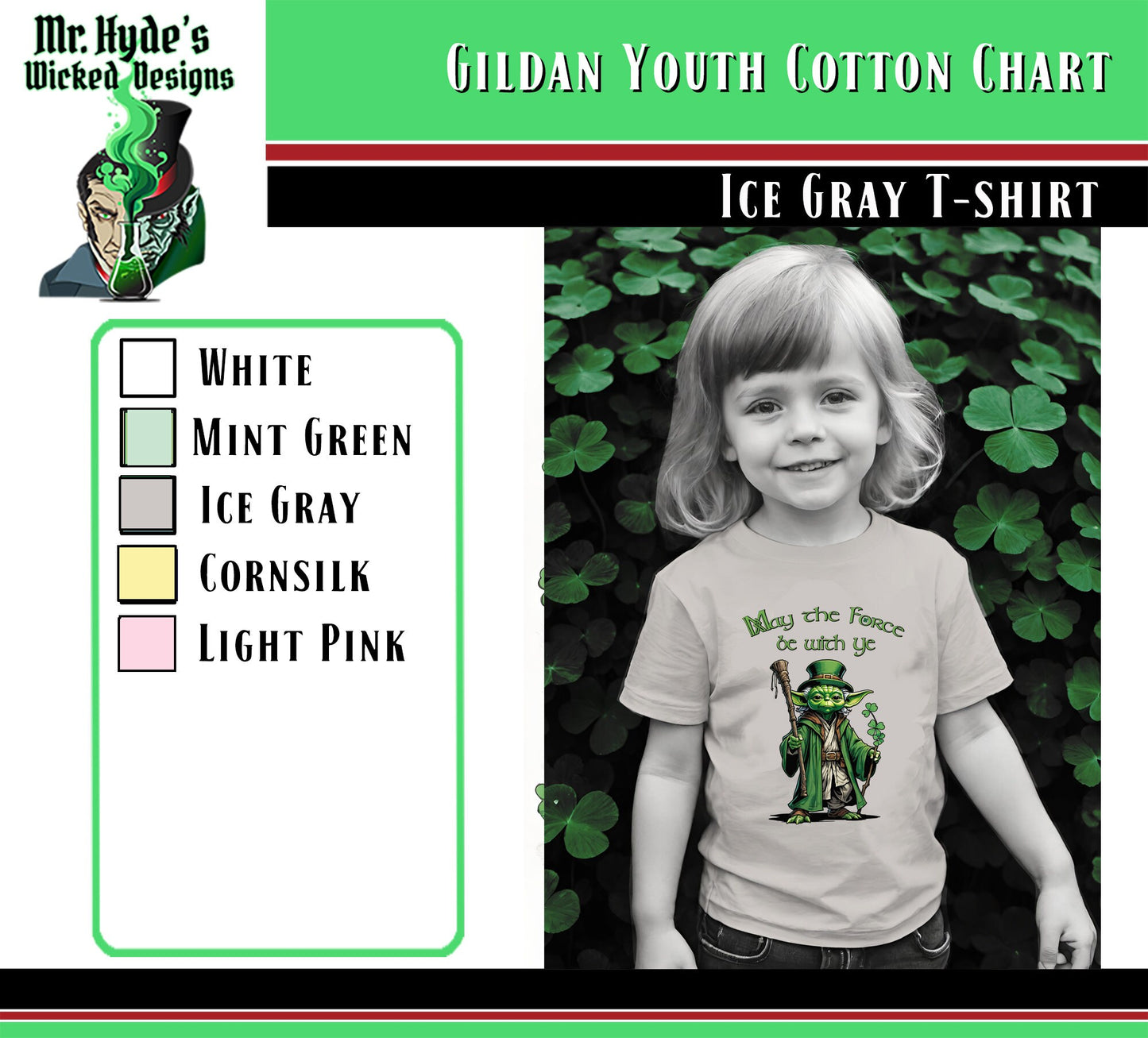 Get this whimsical Star Wars holiday t-shirt for St. Patricks Day in Ice Gray soft all cotton t-shirts. Buy this Star Wars youth t-shirt for your self or as a gift for the Jedi in your life.