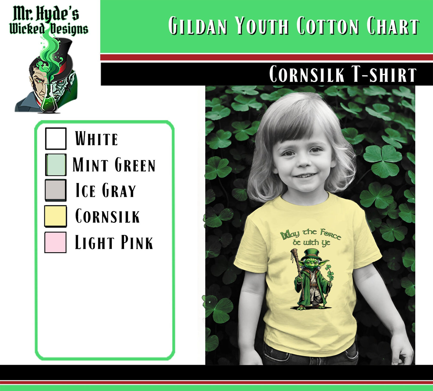 Get this whimsical Star Wars holiday t-shirt for St. Patricks Day in Corn silk on soft all cotton t-shirts. Buy this Star Wars youth t-shirt for your self or as a gift for the Jedi in your life.