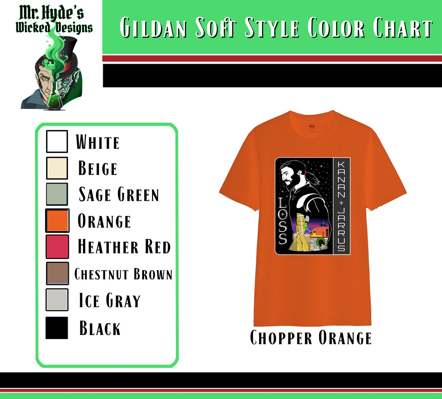 Star Wars T-shirt "Loss" in memorial of Kanan Jarrus. Printed on Soft Style Orange cotton shirt.