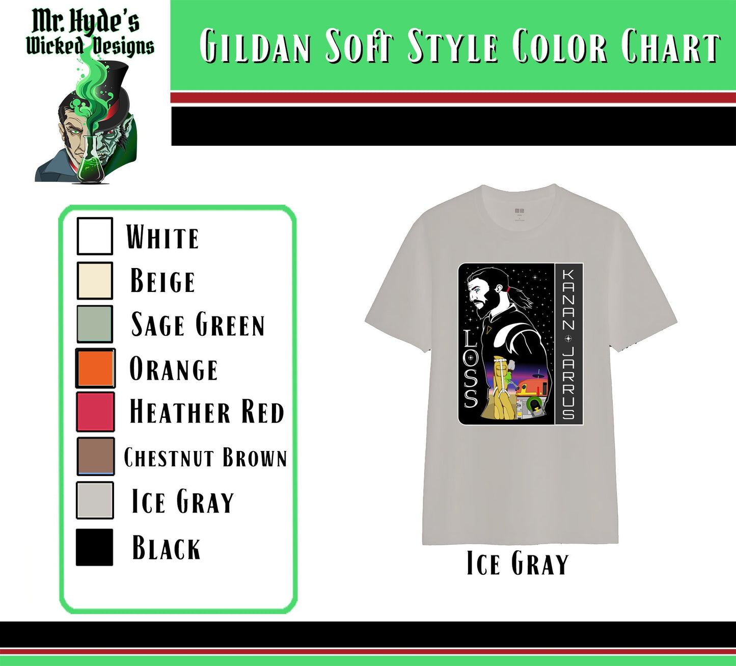 Star Wars T-shirt "Loss" in memorial of Kanan Jarrus. Printed on Soft Style Ice Gray cotton shirt.