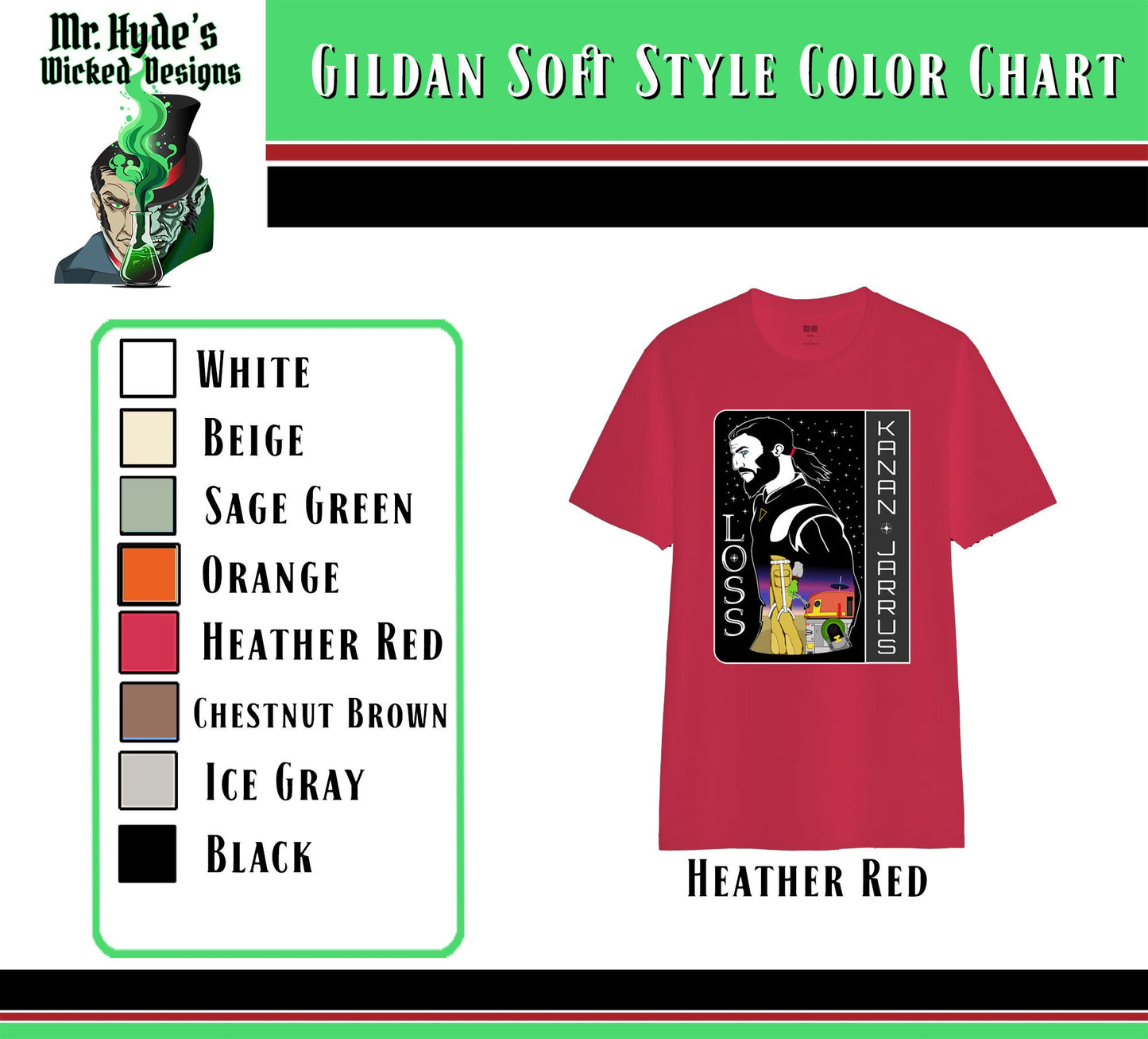 Star Wars T-shirt "Loss" in memorial of Kanan Jarrus. Printed on Soft Style Heather Red cotton shirt.