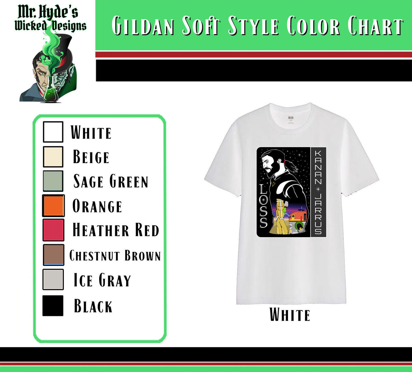 Star Wars T-shirt "Loss" in memorial of Kanan Jarrus. Printed on Soft Style White cotton shirt.