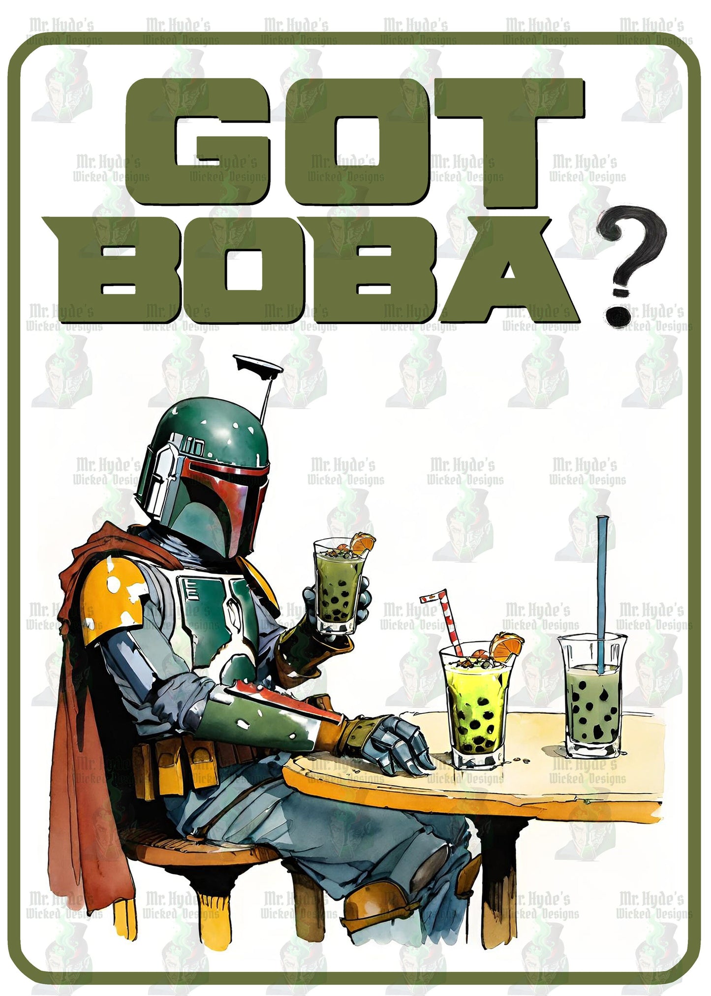 Got Boba? Get yours today. These hilarious Boba Fett t-shirts featuring the infamous Boba Fett drinking a Boba. This design is only available here at Mr. Hyde's Wicked Designs. If you love Boba Fett, Boba, or Star Wars your gonna love this shirt!