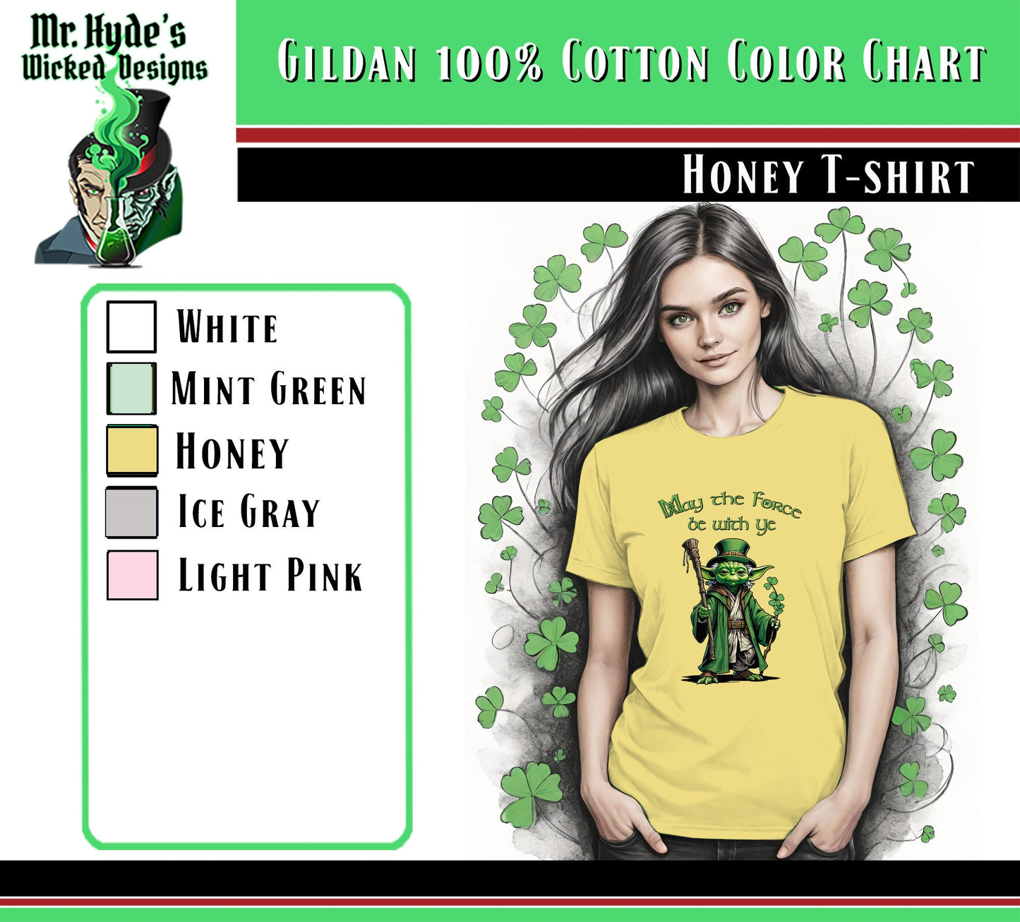 Get this whimsical Star Wars holiday t-shirt for St. Patricks Day in Honey Yellow on soft all cotton t-shirts. Buy this Star Wars womens t-shirt for your self or as a gift for the Star Wars princess in your life.