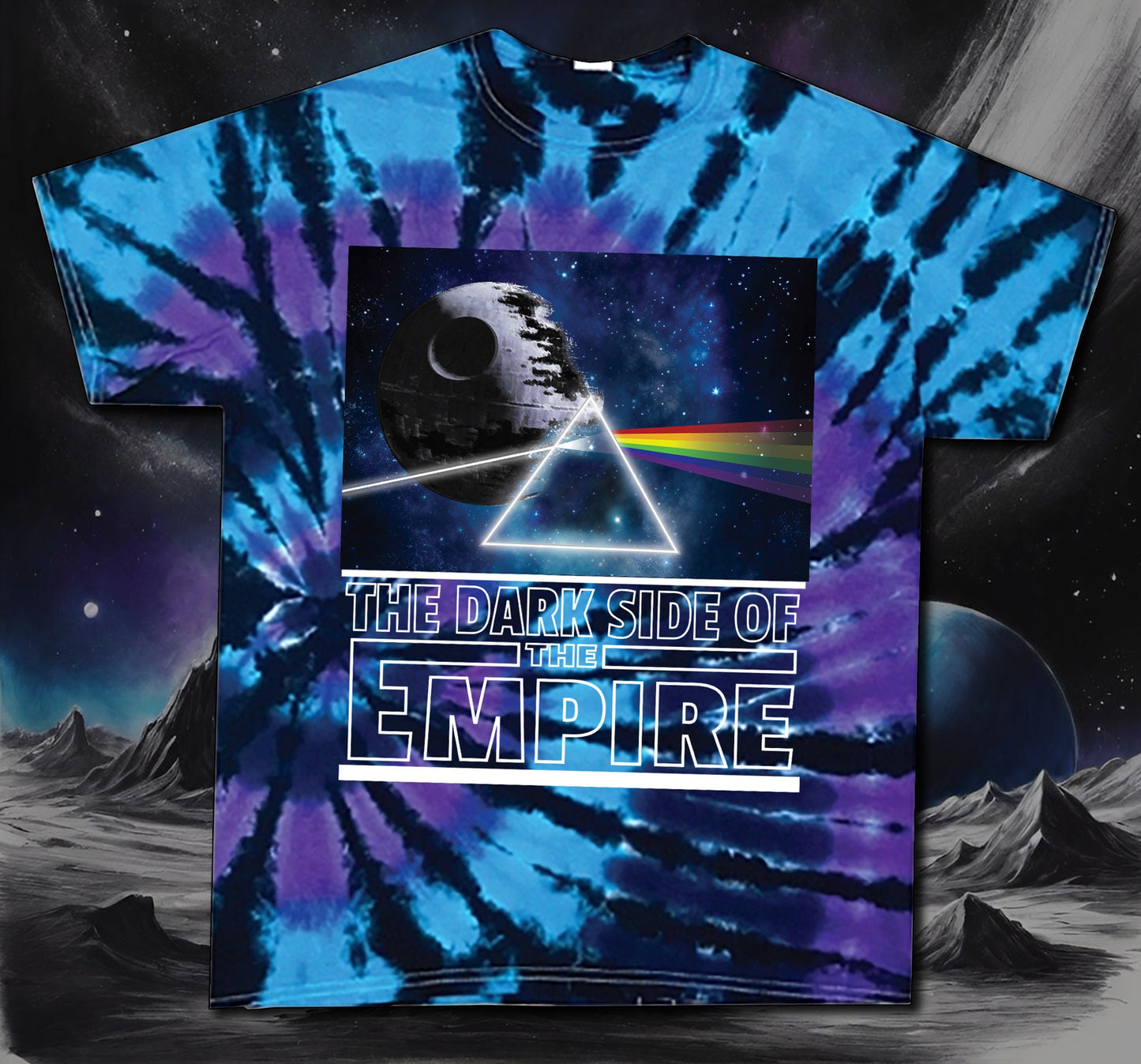 Dark Side of the Empire is a must have for any Star Wars T-shirt for any fan. It is also a must have Pink Floyd T-shirt for any die-hard Pink Floyd Fan. This shirt looks stunning on our blue and purple tie dye soft 100% cotton shirts.