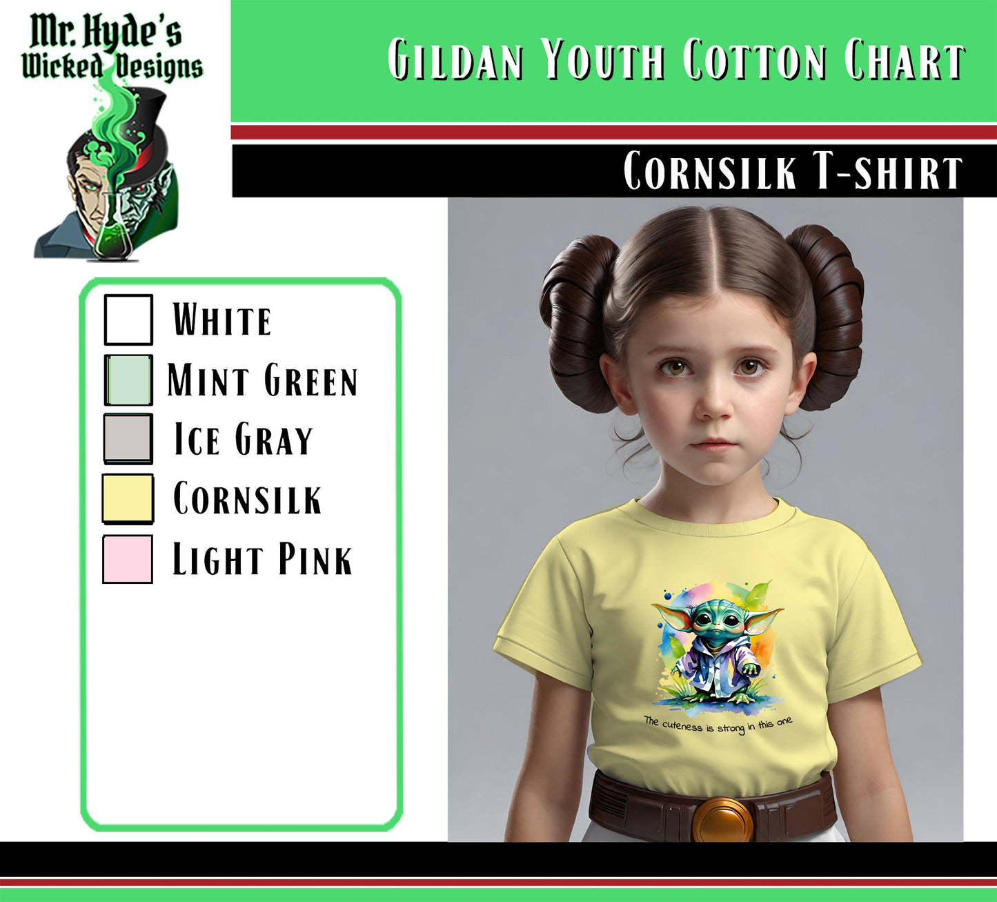 The cuteness is strong in this one? Also in this adorable Grogu T-shirt. Available in Corn silk Yellow soft cotton Tees.