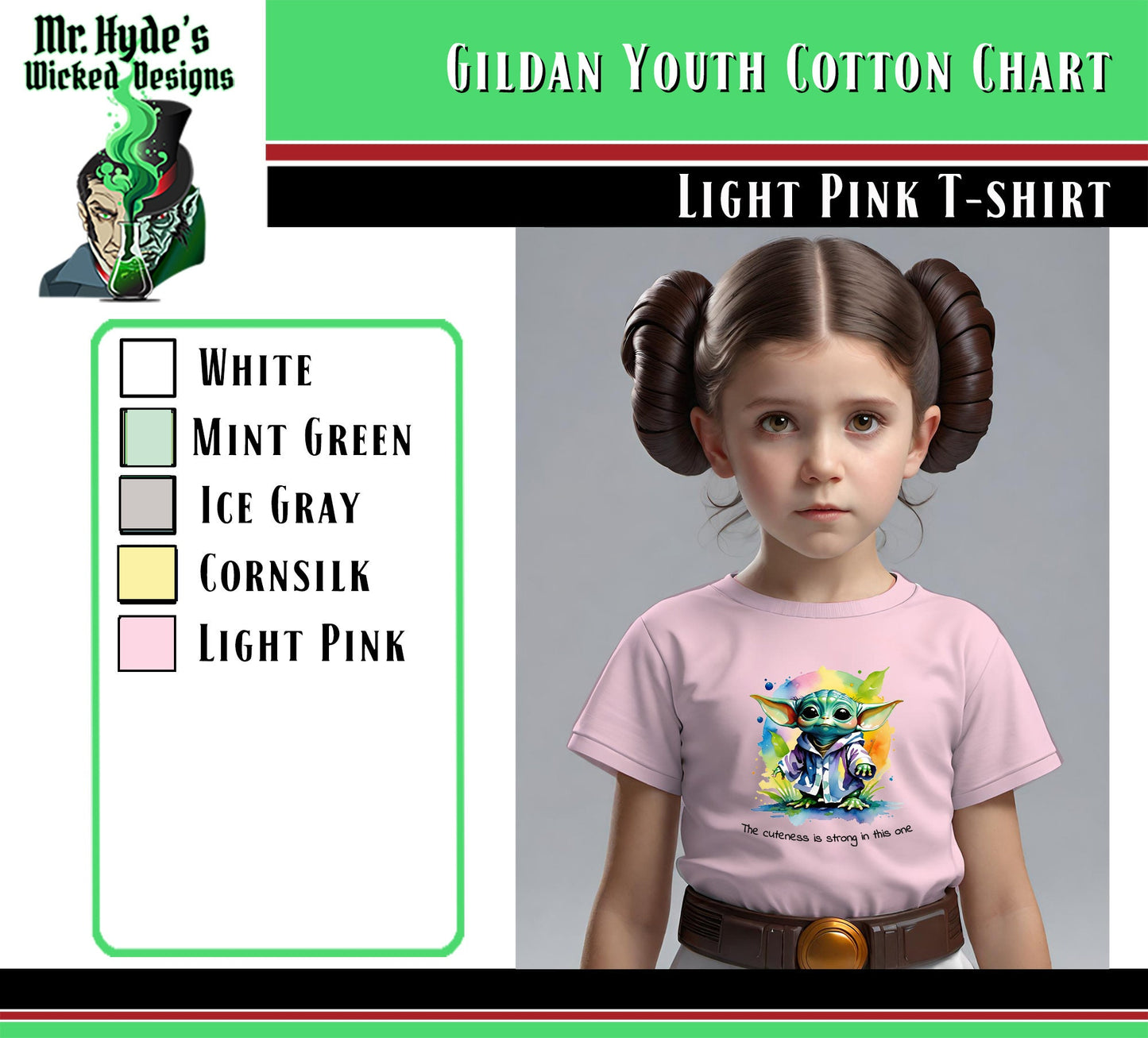The cuteness is strong in this one? Also in this adorable Grogu T-shirt. Available in Light Pink soft cotton Tees.