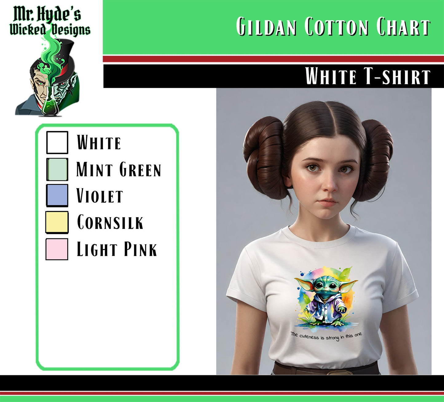 These wonderfully whimsical Grogu t-shirts will be turning heads in these White Women's T-shirts on soft cotton.