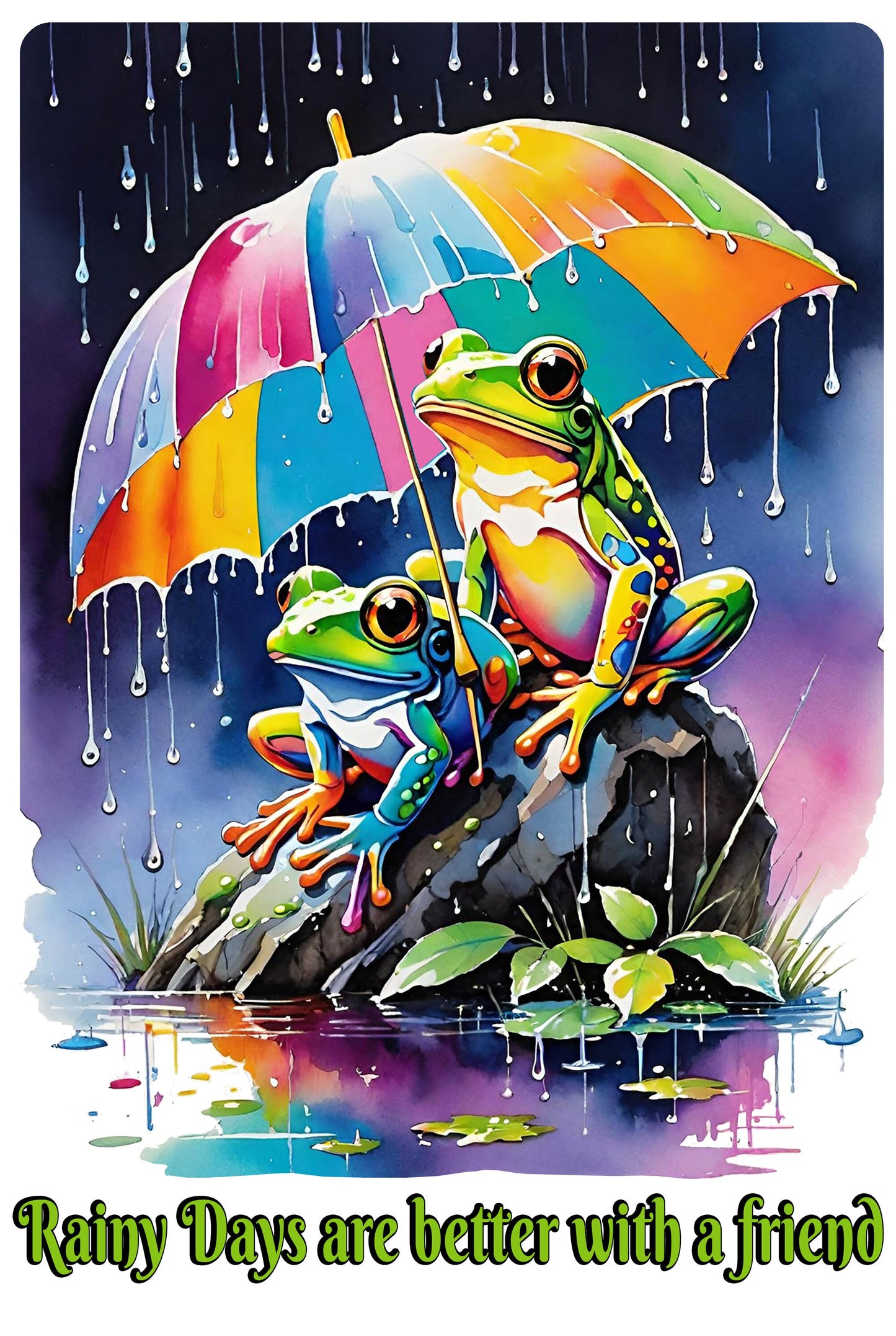What can I say, Rainy days are better with a friend. This whimsical tree frog t-shirt is a must for anybody who love frogs, or rainy days, or hanging with a friend. Here is a the design in all of its full color glory.