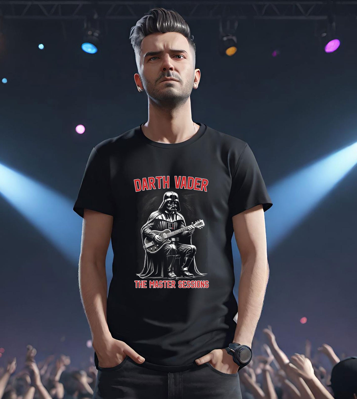 This groovy Darth Vader t-shirt is a must have for any Darth Vader fan. This halftone Unisex t-shirt is stunning and light on a jet black t-shirt. Make all your Star Wars friends jealous with this hip graphic tee.