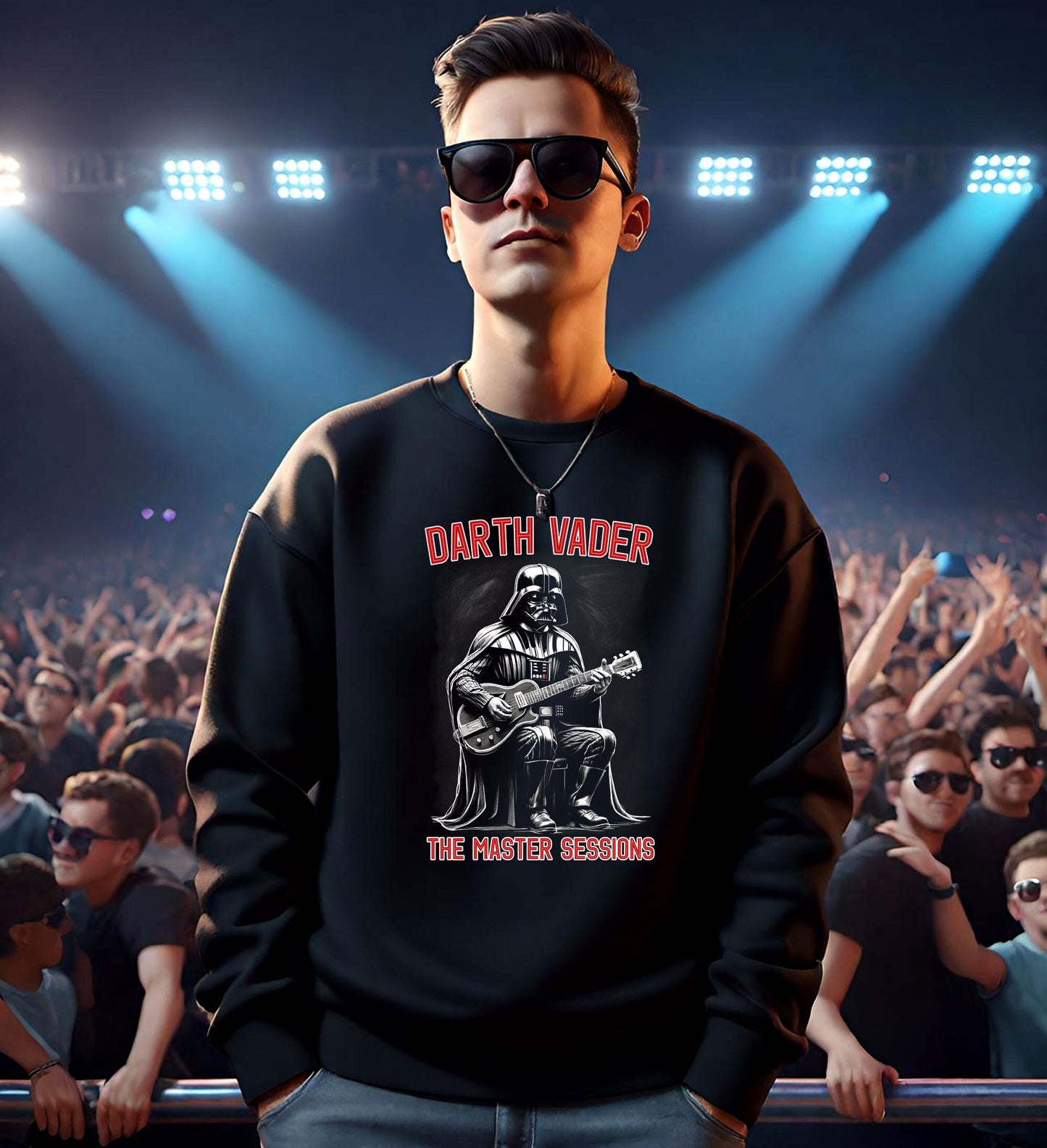 This groovy Darth Vader sweatshirt is a must have for any Vader fan. This halftone sweatshirt is stunning and light on a jet black t-shirt. Make all your Star Wars friends jealous with this hip graphic tee.
