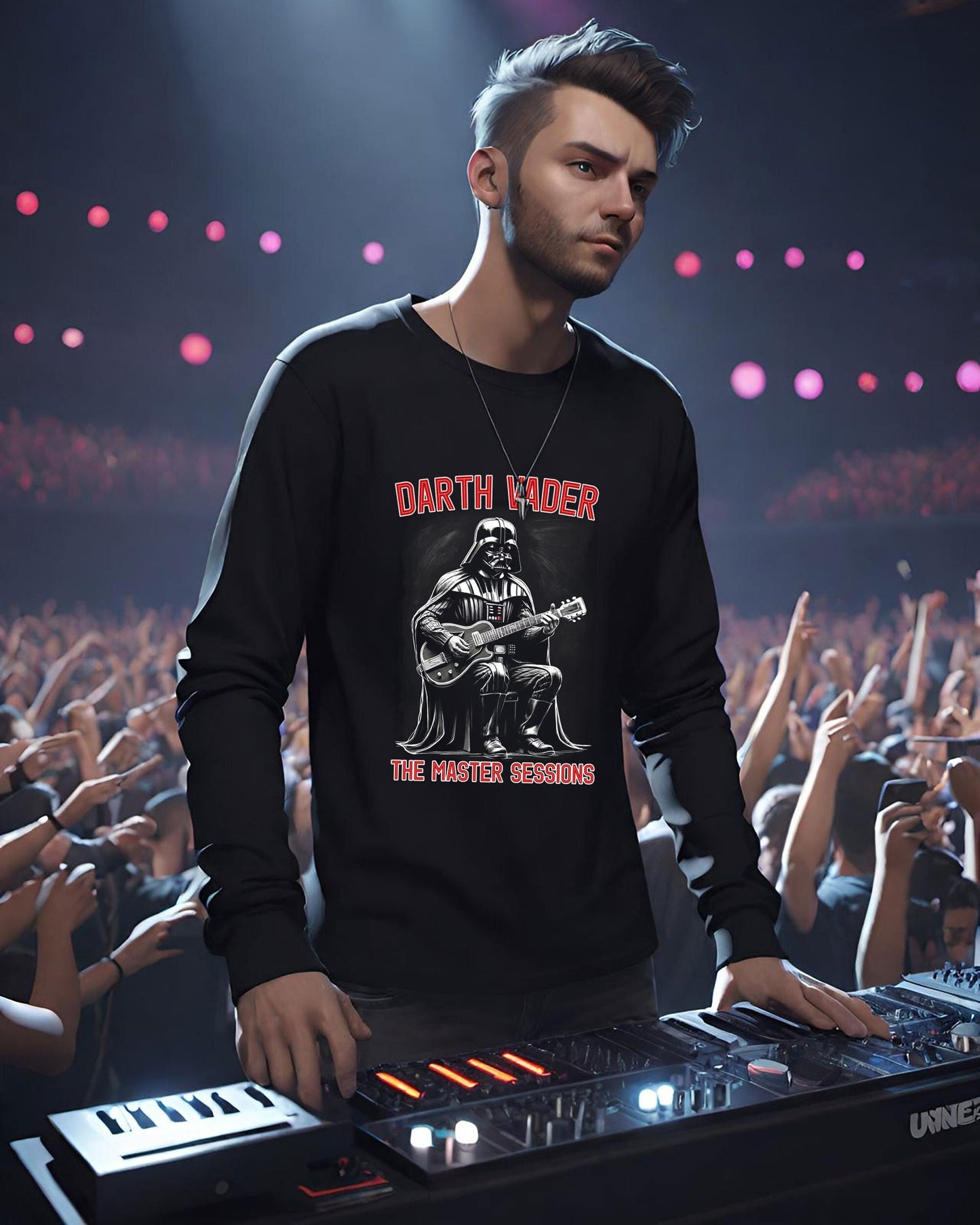 This groovy Darth Vader long sleeve t-shirt is a must have for any Vader fan. This halftone t-shirt is stunning and light on a jet black t-shirt. Make all your Star Wars friends jealous with this hip graphic tee.