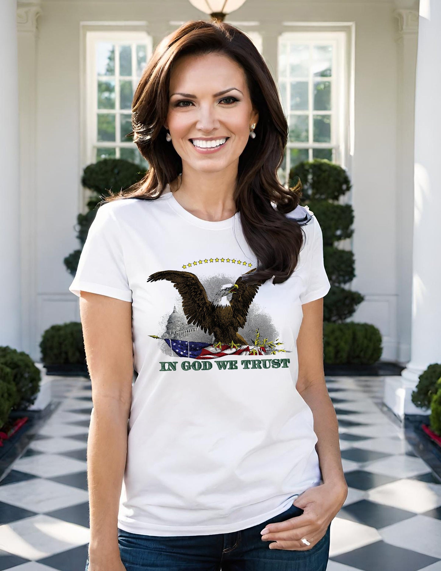 Calling all Patriots! Get your American Eagle t-shirt today and let everybody know how you feel about this America. This ladies t-shirt features a Bald Eagle from an American Silver Certificate, paired with the words In God We Trust.