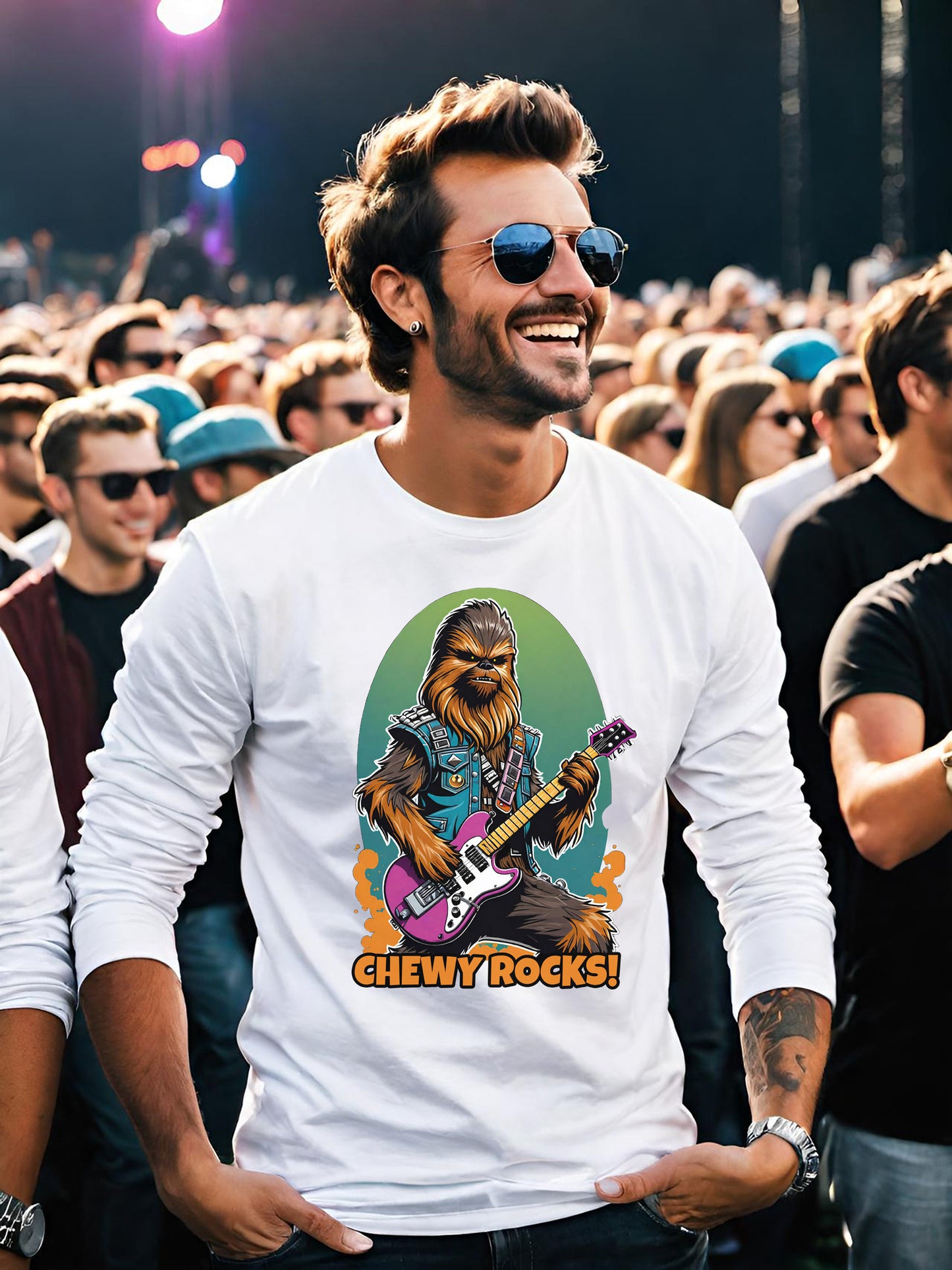 This awesome Chewy Rocks t-shirt is a must have for any Chewbacca fan. This Chewbacca long sleeve t-shirt is stunning and will be your favorite mens long sleeve t-shirt in no time. Make all your Star Wars friends jealous with this hip graphic tee.