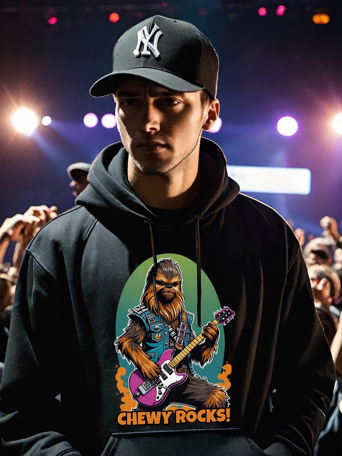 This awesome Chewy Rocks Hoodie is a must have for any Chewbacca fan. This Chewbacca Hoodie is stunning and will be your favorite chic mens hoodie in no time. Make all your Star Wars friends jealous with this hip graphic Hoodie!