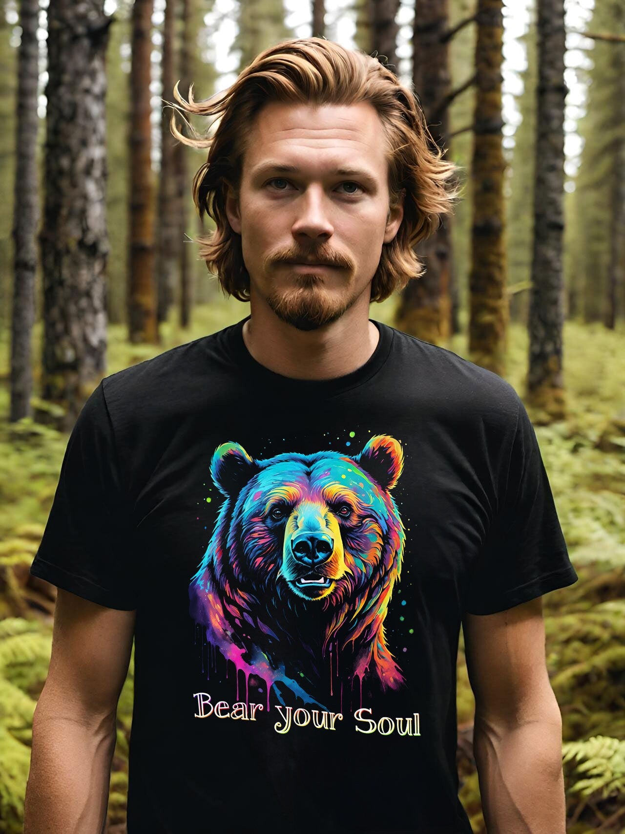 This colorful Bear t-shirt makes a stunning fathers day gift. The brown bear in this awesome endangered species mens t-shirt has eyes that seem to look right through, Kind of makes you want to Bear your Soul!