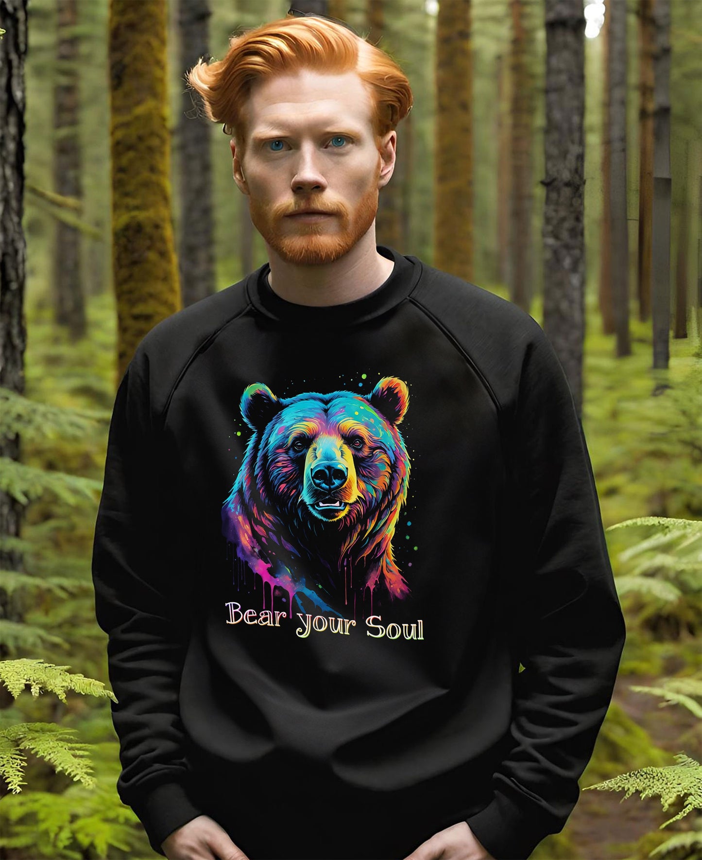 This colorful Bear Sweatshirt makes a stunning fathers day gift. The brown bear in this awesome endangered species mens sweatshirt has eyes that seem to look right through, Kind of makes you want to Bear your Soul!