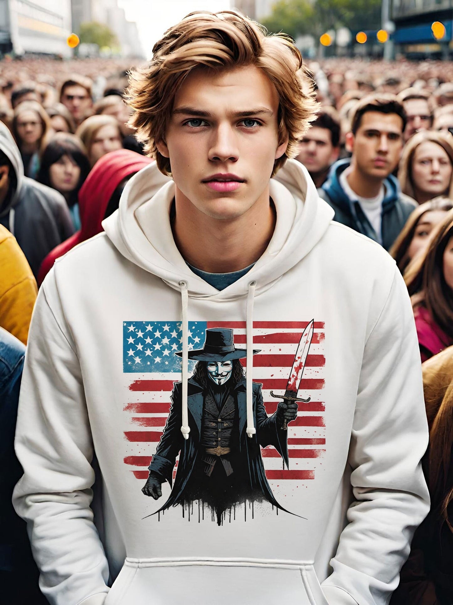 July 4th is right around the corner and revolution is in the air. This Revolutionary mens Hoodie will have you turning heads this independence day. This stunning V for Vendetta Hoodie is a white knockout, with all of the white ink removed.