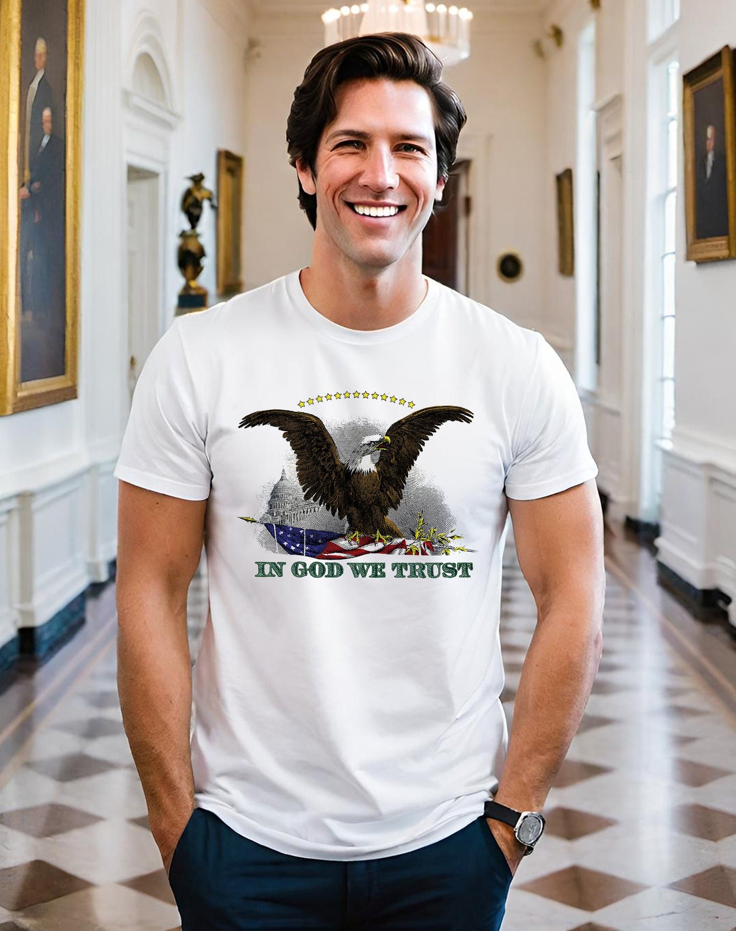 Calling all Patriots! Get your American Eagle t-shirt today and let everybody know how you feel about this America. This mens t-shirt features a Bald Eagle from an American Silver Certificate, paired with the words In God We Trust.