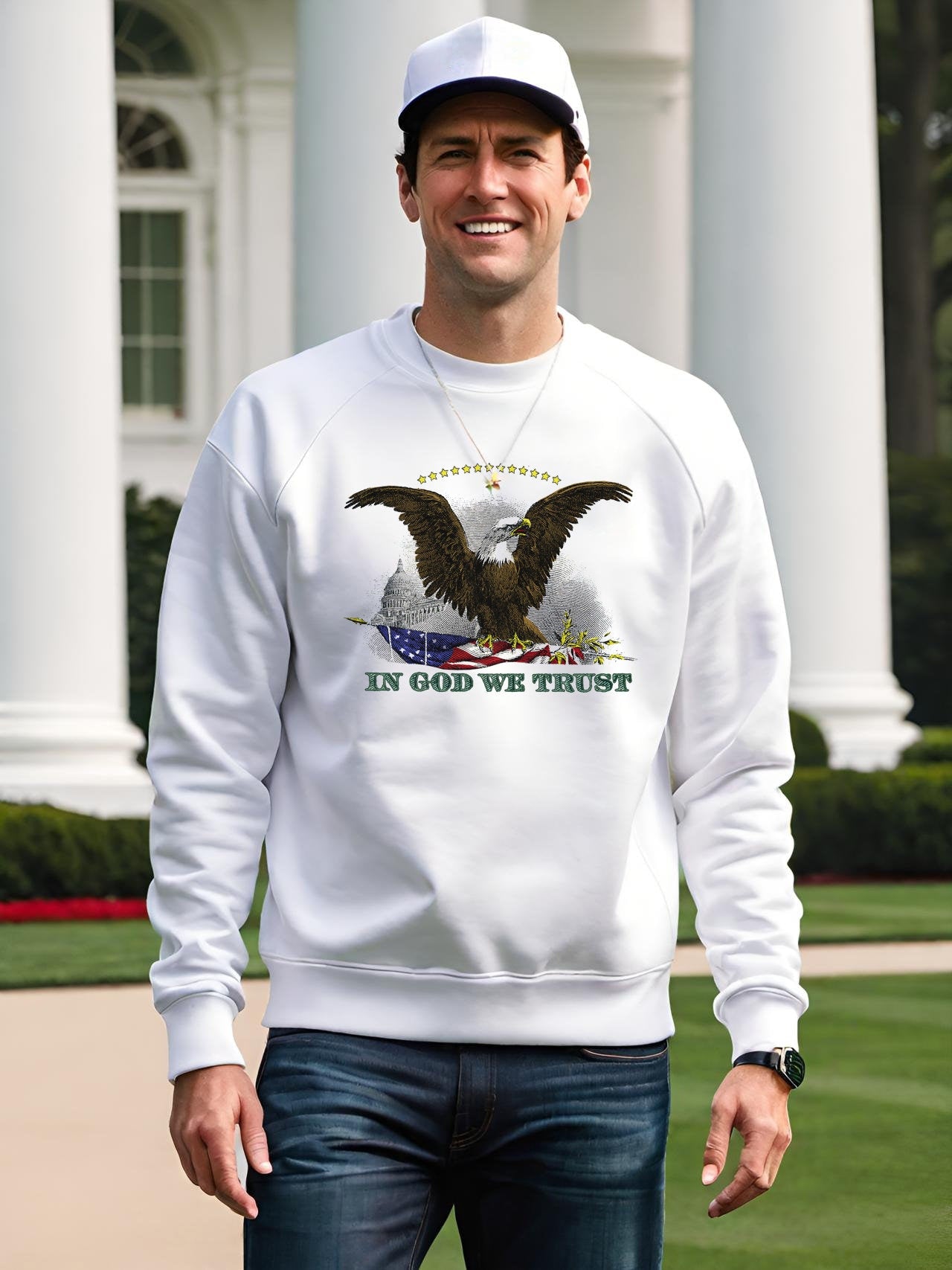 Calling all Patriots! Get your American Eagle sweatshirt today and let everybody know how you feel about this America. This Mens sweatshirt features a Bald Eagle from an American Silver Certificate, paired with the words In God We Trust.