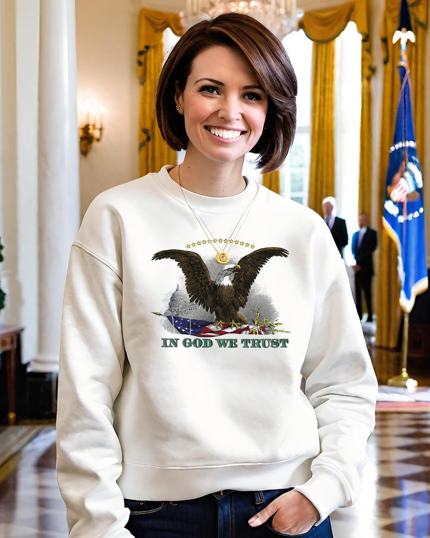 Calling all Patriots! Get your American Eagle sweatshirt today and let everybody know how you feel about this America. This ladies hoodie features a Bald Eagle from an American Silver Certificate, paired with the words In God We Trust.
