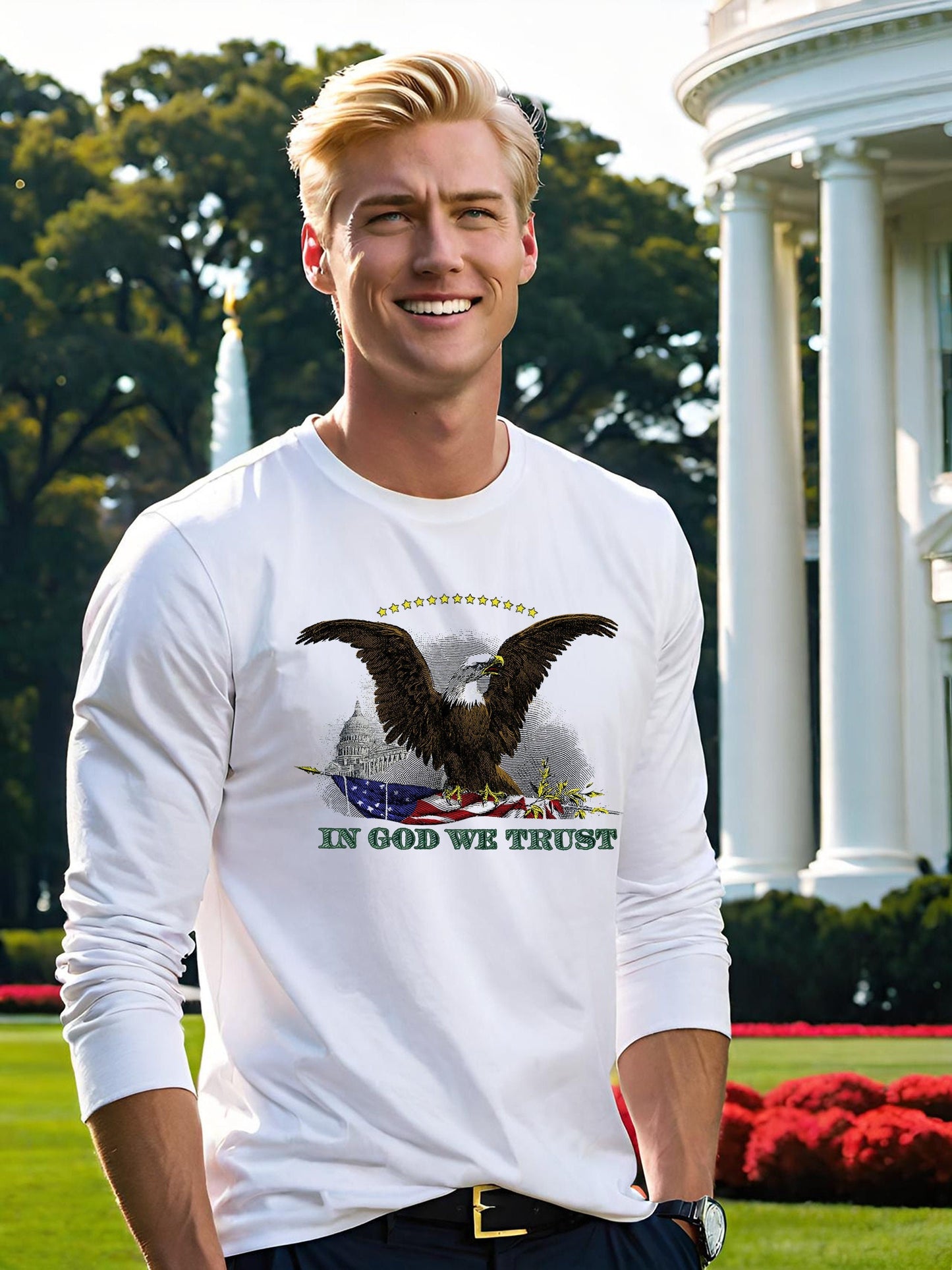 Calling all Patriots! Get your American Eagle t-shirt today and let everybody know how you feel about this America. This mens long sleeve t-shirt features a Bald Eagle from an American Silver Certificate, paired with the words In God We Trust.
