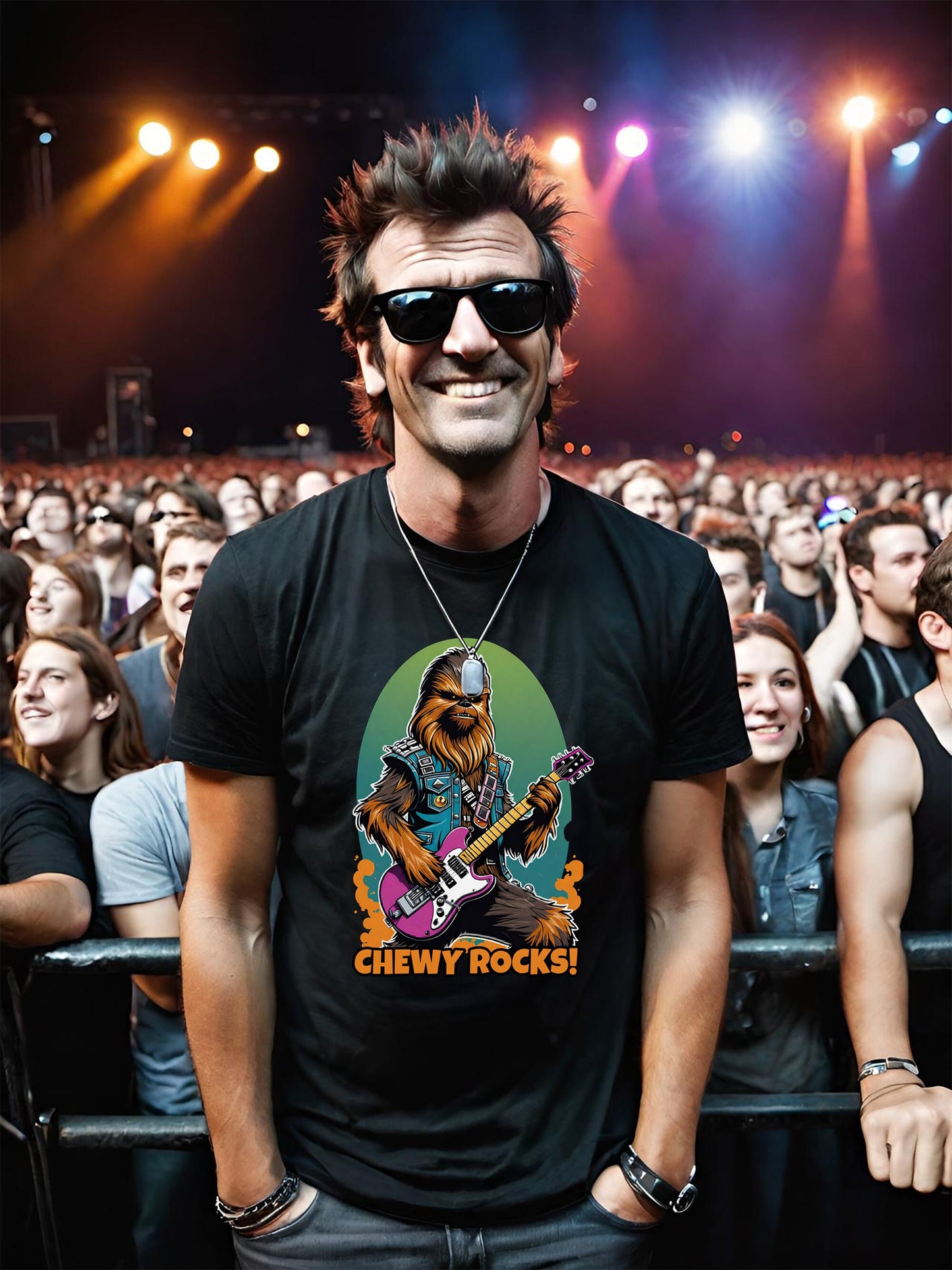 This awesome Chewy Rocks t-shirt is a must have for any Chewbacca fan. This Chewbacca t-shirt is stunning and will be your favorite shirt in no time. Make all your Star Wars friends jealous with this hip graphic tee.