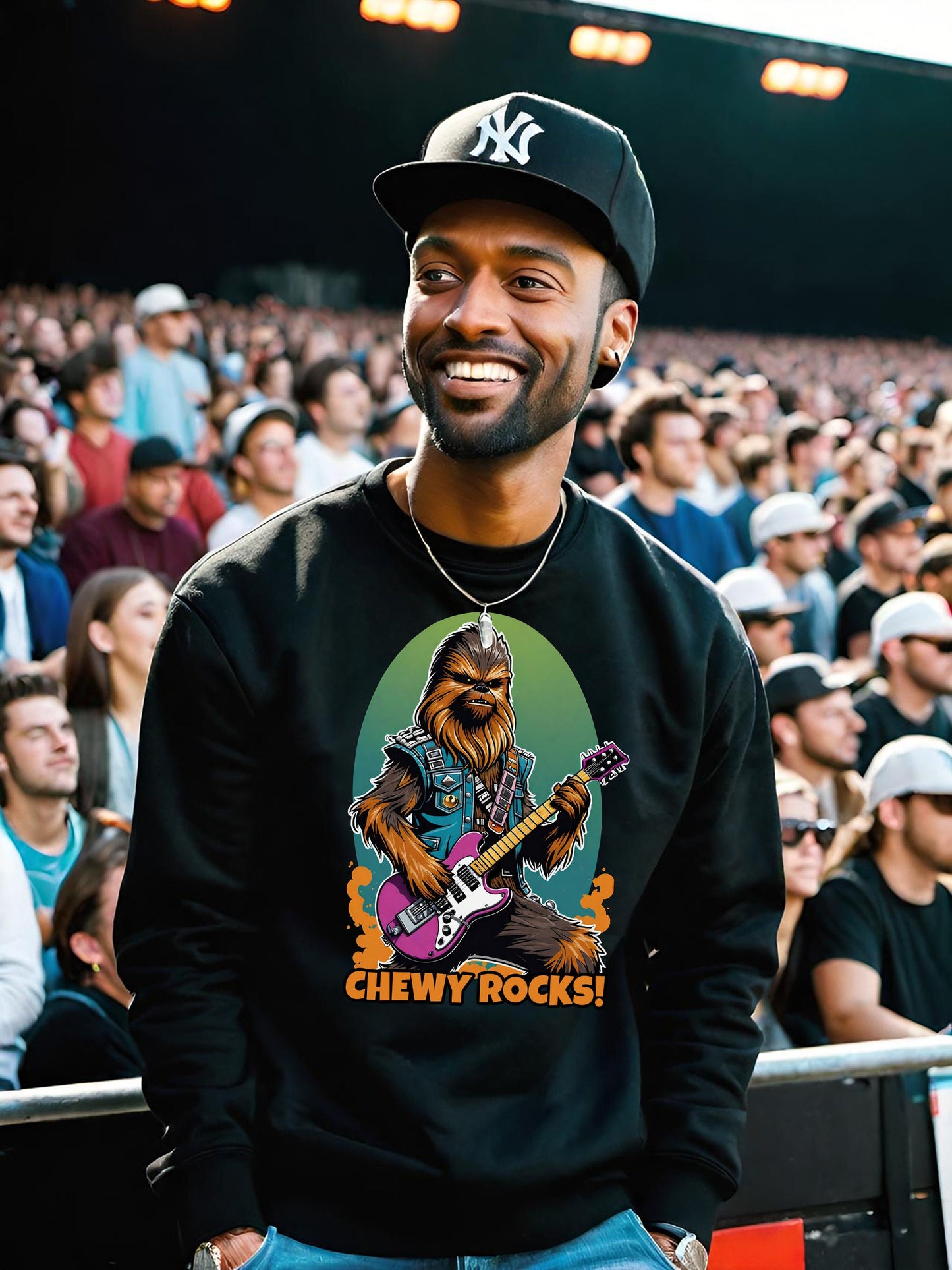 This awesome Chewy Rocks sweatshirt is a must have for any Chewbacca fan. This Chewbacca Sweatshirt is stunning and will be your favorite cool mens sweatshirt in no time. Make all your Star Wars friends jealous with this hip graphic Sweatshirt!