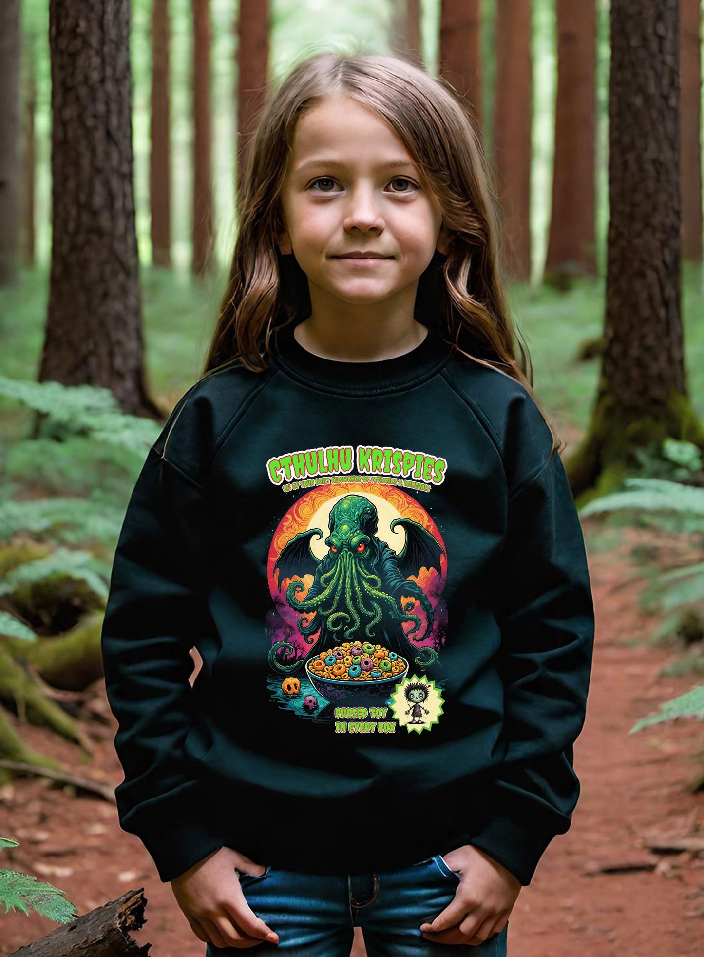 This awesome, and hilarious Cthulhu Girls sweatshirt is a must have little goblin in your life. This design is a black halftone knockout. Meaning the black parts are sweatshirt instead of ink. Making for a super light design.