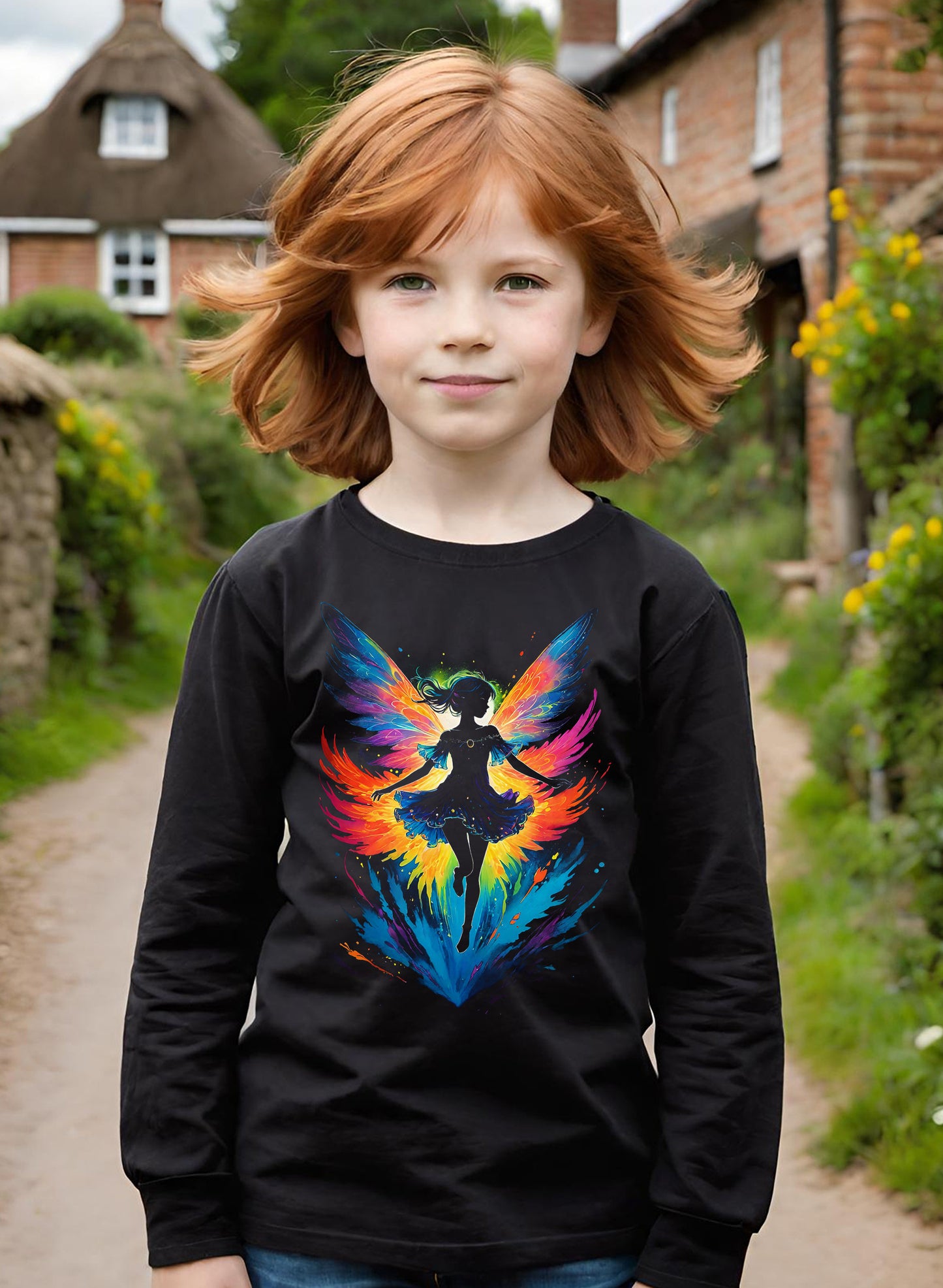This stunning Fairy long sleeve t-shirt is sure to delight any fan of fairies, fantasy, and magic. This magical fairy t-shirt is a super light design with all of the black ink removed making the design super light and soft on an all cotton t-shirt.