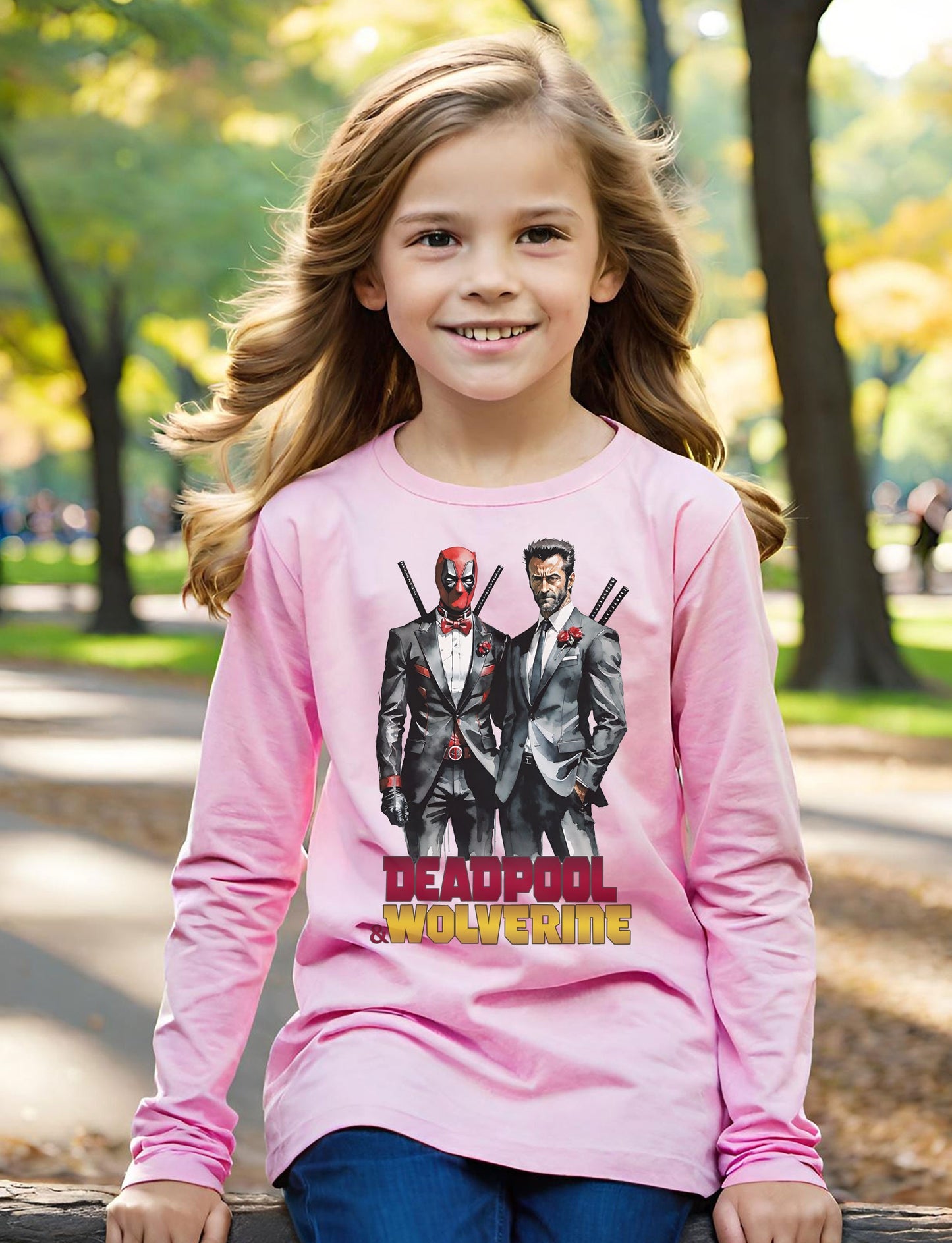 Deadpool and Wolverine t-shirt available in long sleeve t-shirts for girls, available in girls Toddler Sizes as well as Youth t-shirts. Get your Deadpool 3 t-shirt today just in time for the Deadpool 3 movie