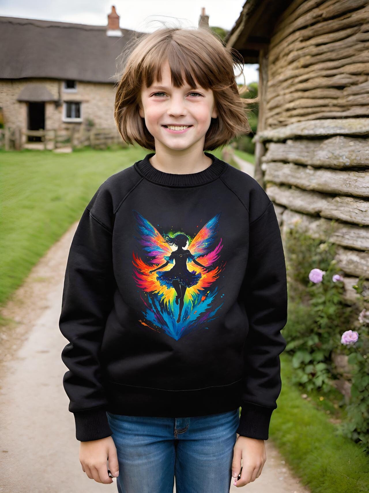 This stunning Fairy sweatshirt is sure to delight any fan of fairies, fantasy, and magic. This magical fairy sweatshirts is a super light design with all of the black ink removed making the design super light and soft on an all cotton sweatshirt.