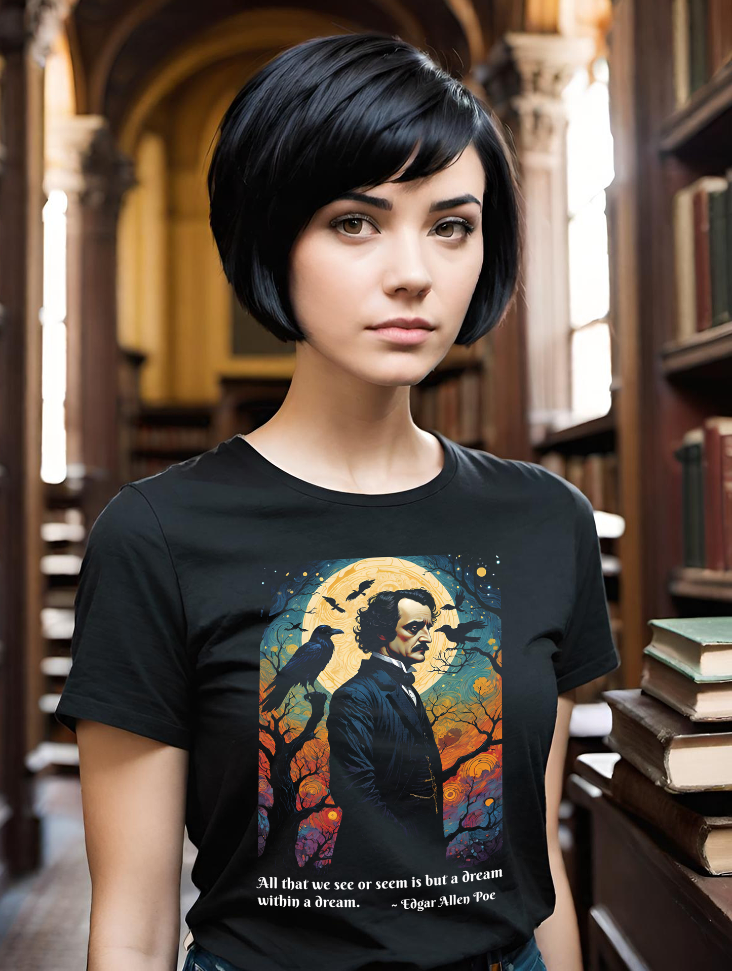 Once upon a midnight dreary. If these words conjure up images of diabolical fiends and fearsome specters, then you must be a fan of Poe, and you are in the right place to! Claim this stunningly creepy Edgar Allen Poe Women's T-shirt today!