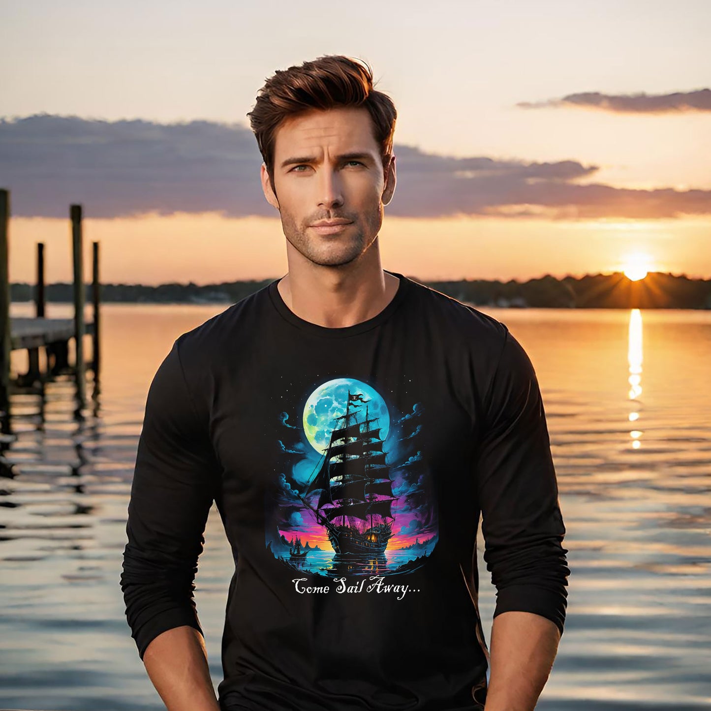 Pirate Ship Long Sleeve Tee, Nautical Unisex Shirt for Pirate Lovers, Salt Life Gift, Vibrant Sunset Moon Tee, Haunting Pirate Life Tee