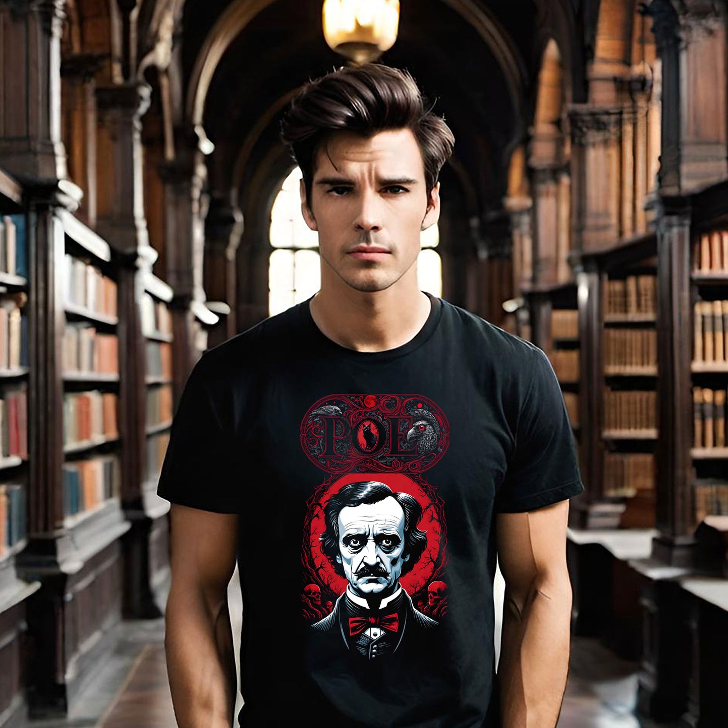 Edgar Allen Poe Tribute Unisex T-Shirt, Gothic Raven Skull Cat Halftone Tee, Black Red Poe Fan Shirt, Creepy Gothic Style Tee, Gothic