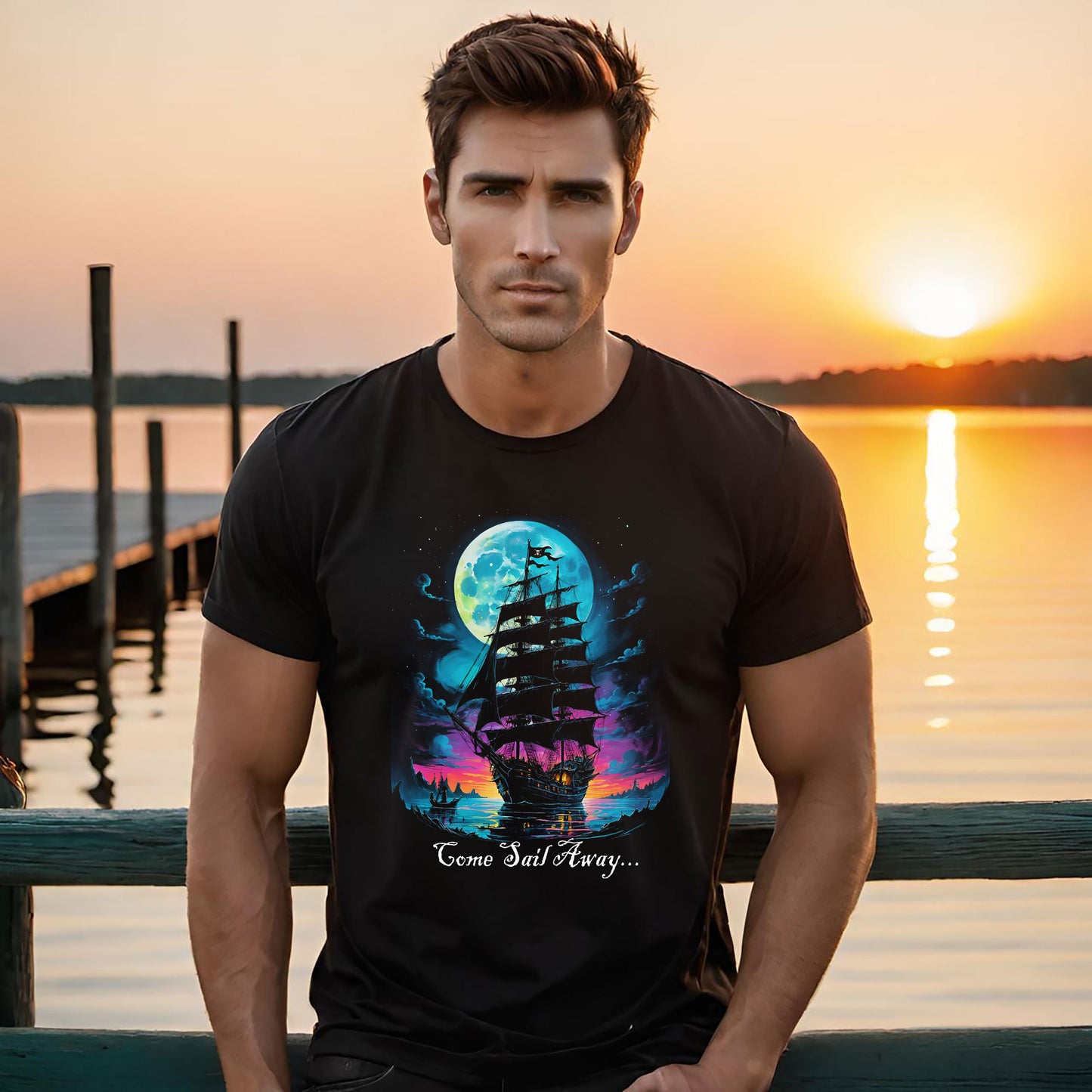 Pirate Ship Unisex Tee, Jolly Roger Sunset Nautical T-Shirt, Salt Life Gift, Sailing Tee, Sailor Tee, Pirate Lover Tee, Full Moon Tee,