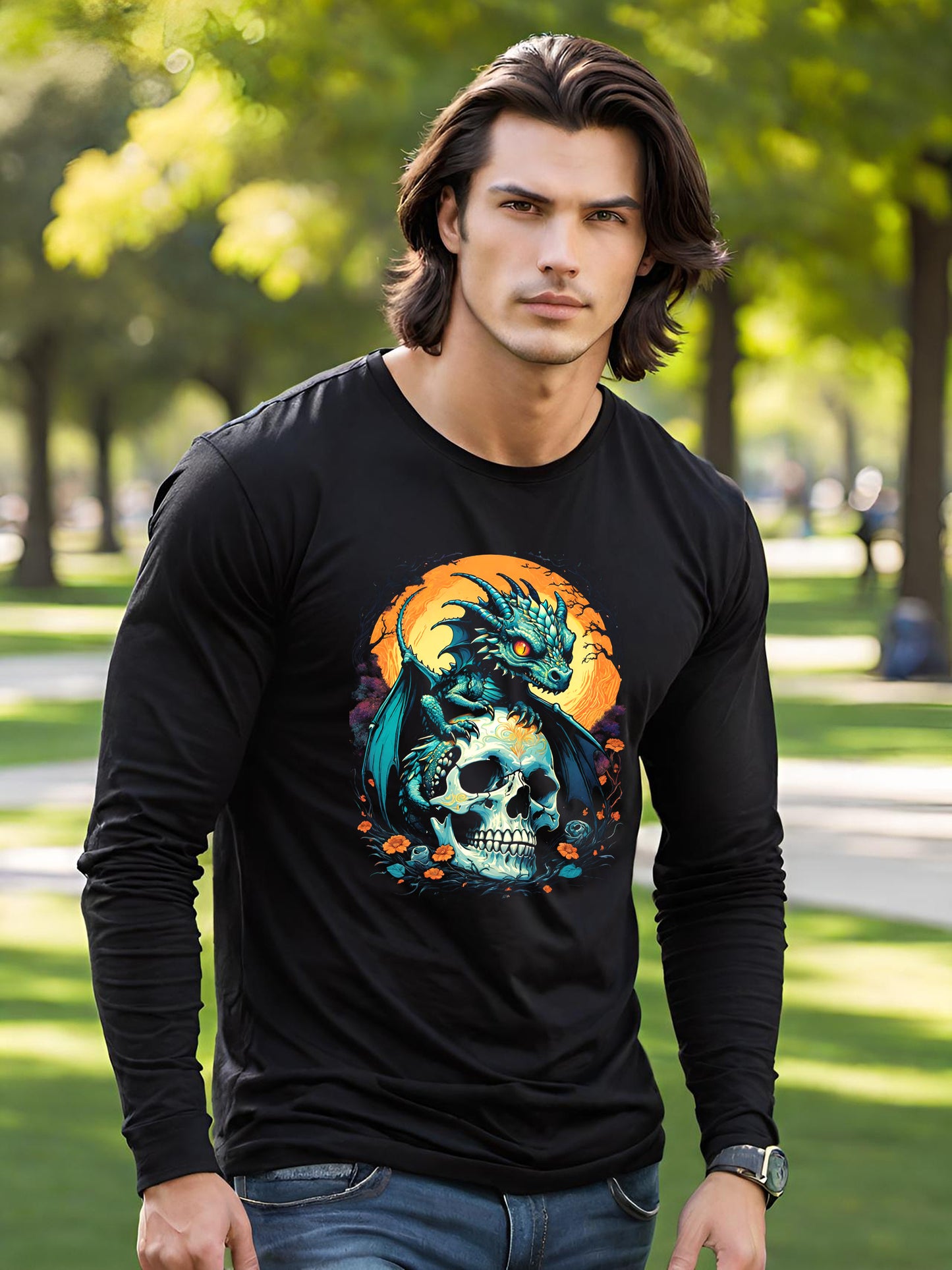 When you see how light and colorful this Baby Dragon long sleeve t-shirt is. You are going to need this whimsical Baby Dragon t-shirt in your life. making for an incredibly soft light design. This Men's cotton long sleeve T-shirt is a must have for every collector.