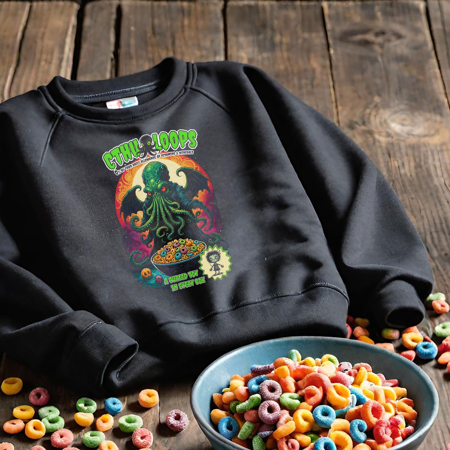 Cthu-Loops Parody Sweatshirt, Halloween, Cthulhu Fan Gift, Elder God Shirt, Lovecraftian Apparel, Black Green Unisex Jumper, Cereal Killer