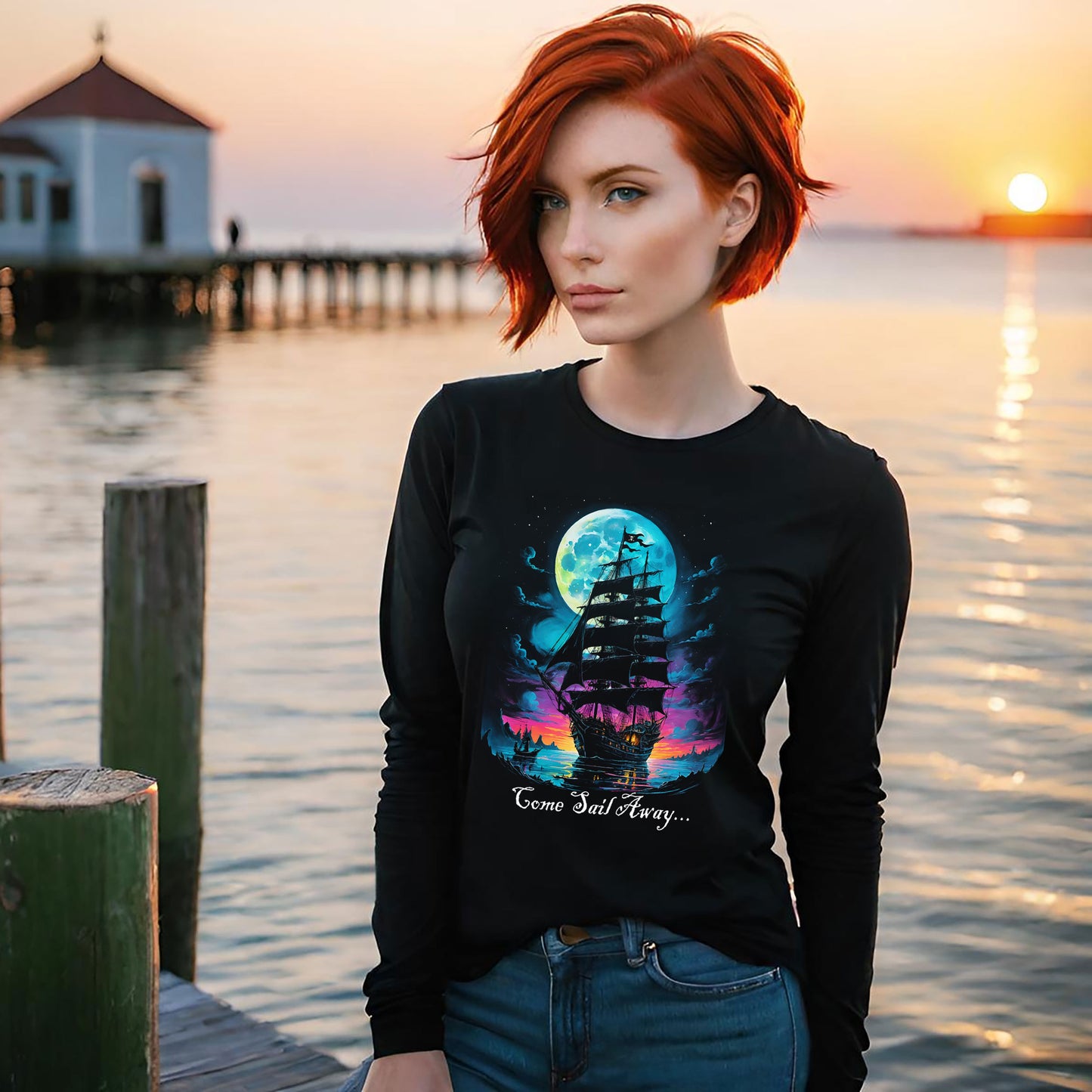 Pirate Ship Long Sleeve Tee, Nautical Unisex Shirt for Pirate Lovers, Salt Life Gift, Vibrant Sunset Moon Tee, Haunting Pirate Life Tee